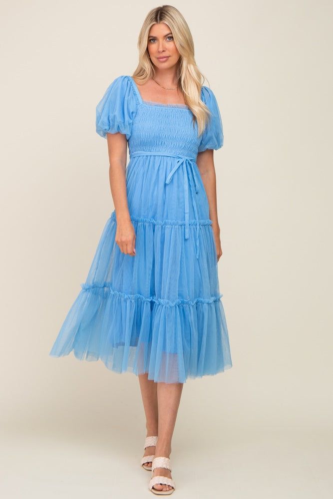 Light Blue Tulle Smocked Tiered Midi Dress sold by Pinkblush