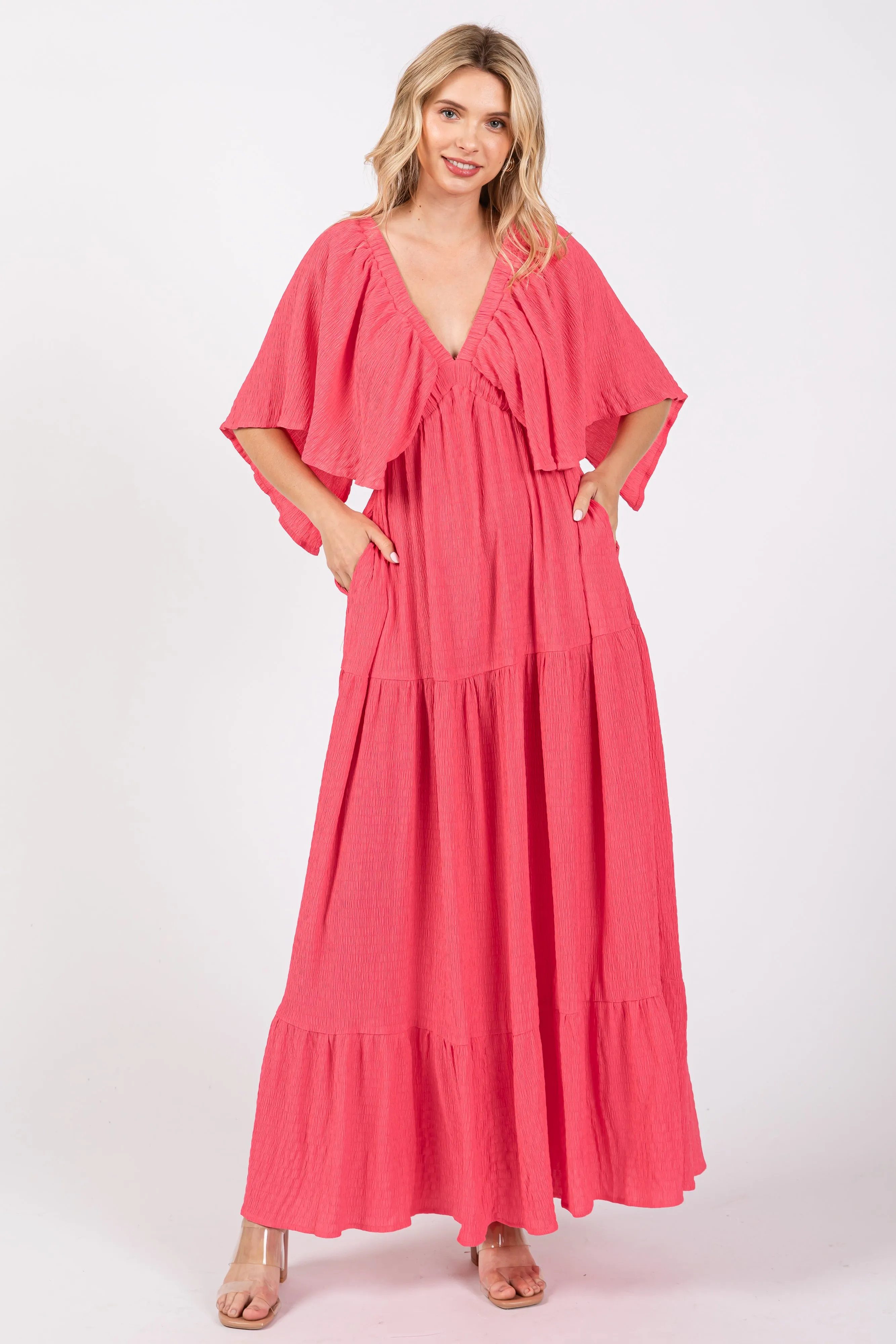 Coral Flounce Sleeve Tiered Dress sold by Pinkblush product image thumbnail 2