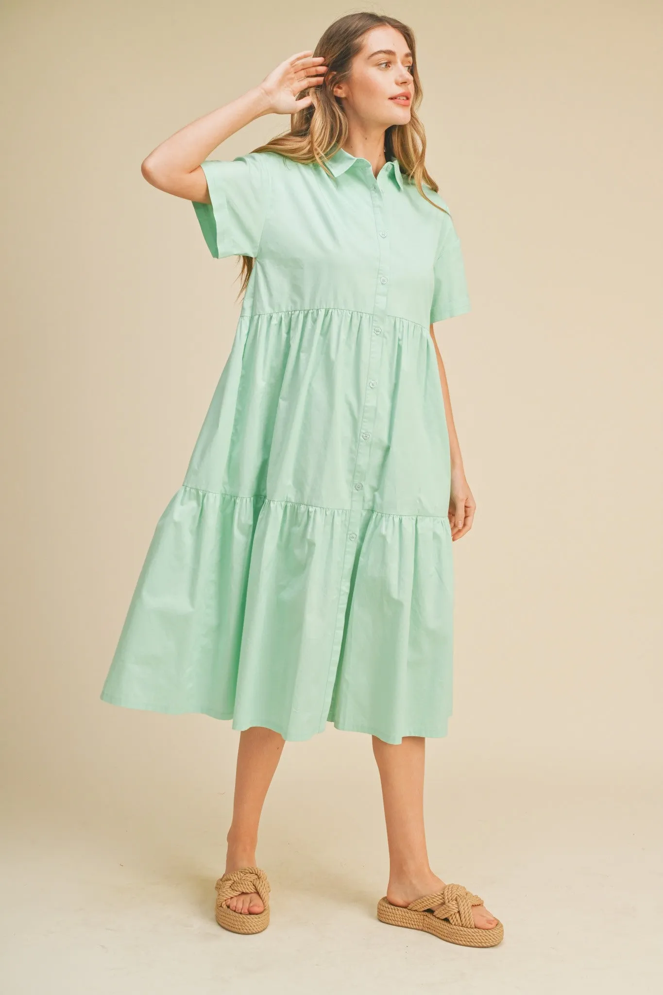 Mint Green Tiered Button Down Midi Dress sold by Pinkblush product image thumbnail 2