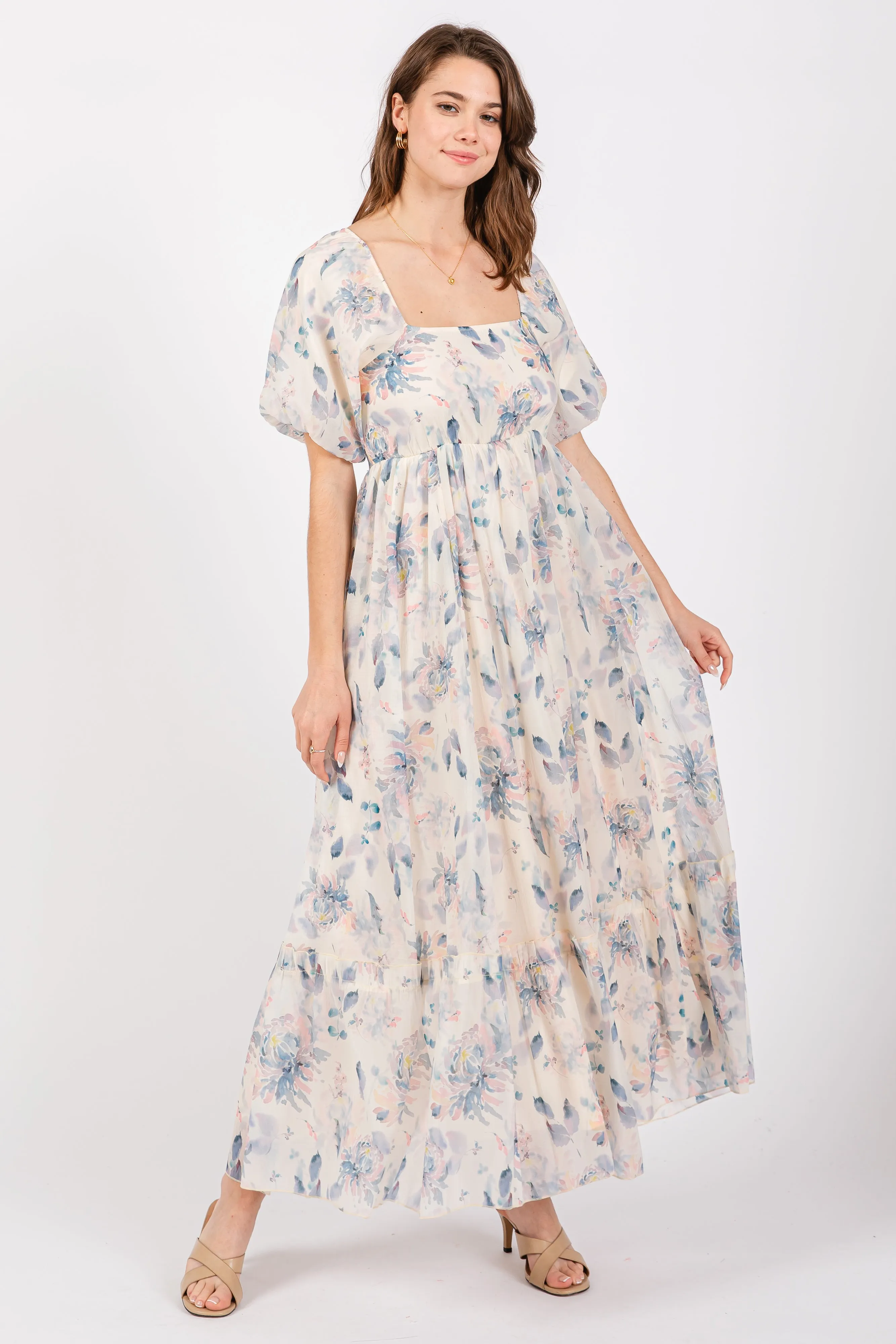 Beige Puff Sleeve Square Neck Dress sold by Pinkblush product image thumbnail 2