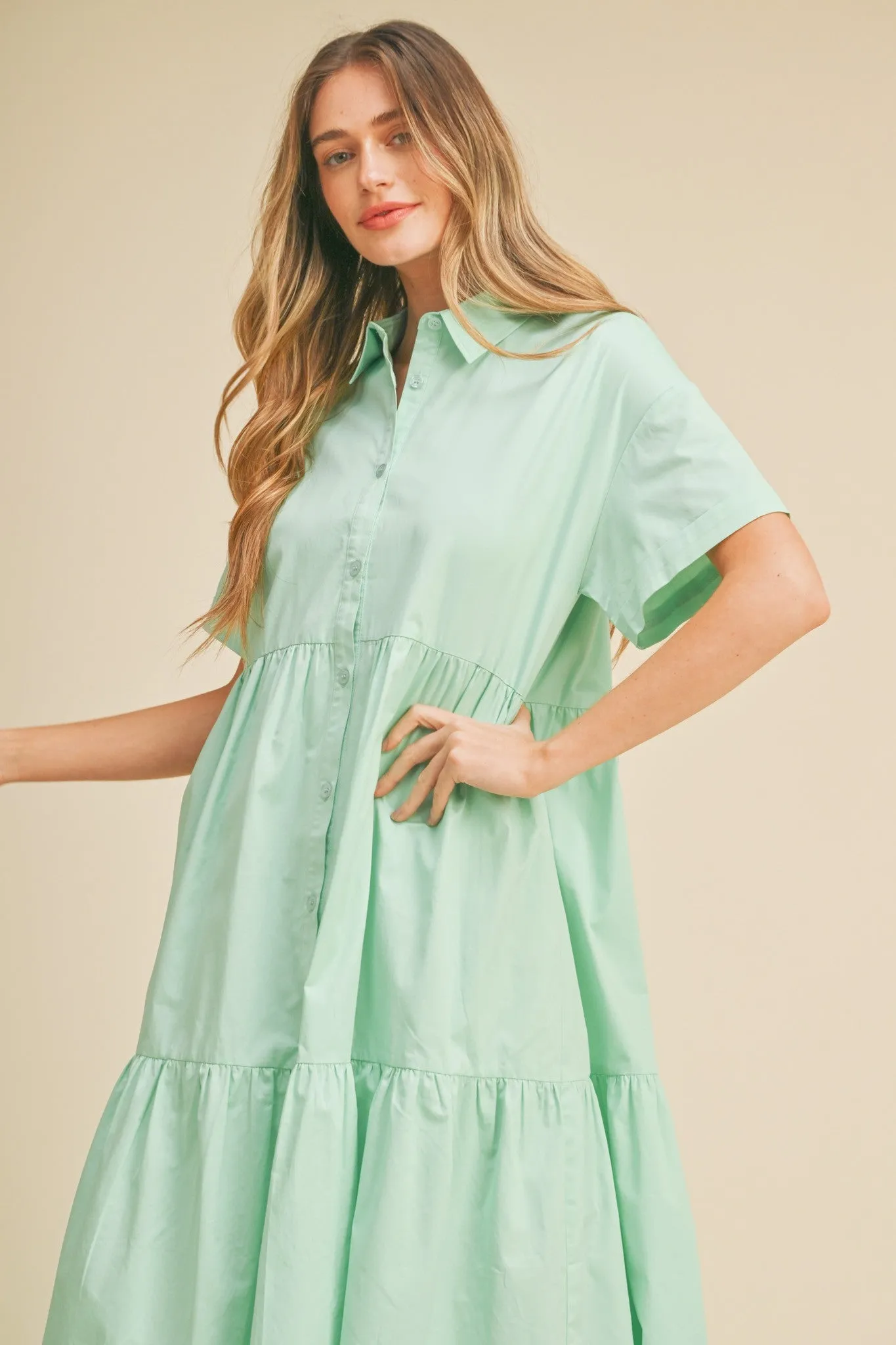 Mint Green Tiered Button Down Midi Dress sold by Pinkblush product image thumbnail 3