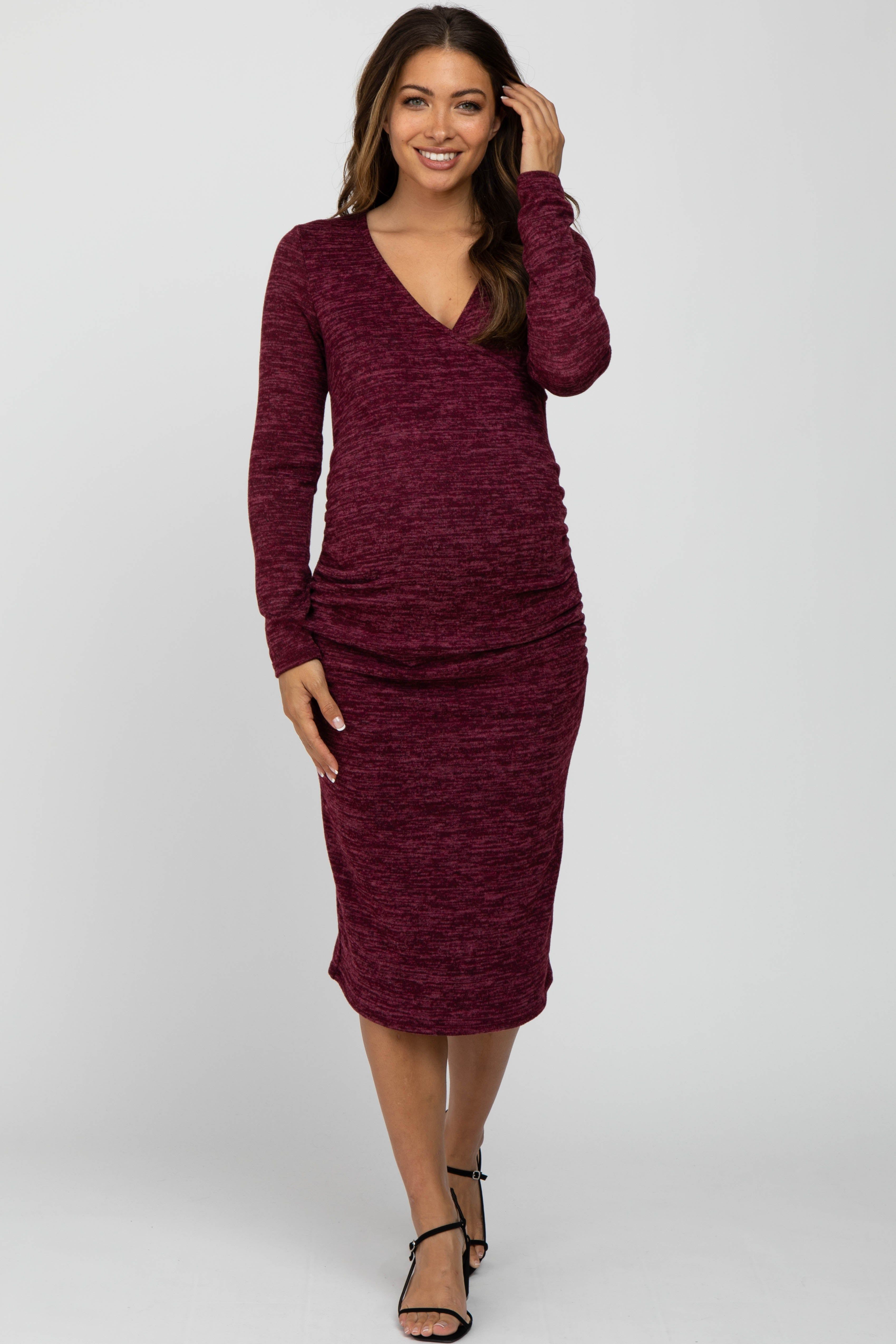 Burgundy Heather Wrap Fitted Maternity Dress sold by Pinkblush
