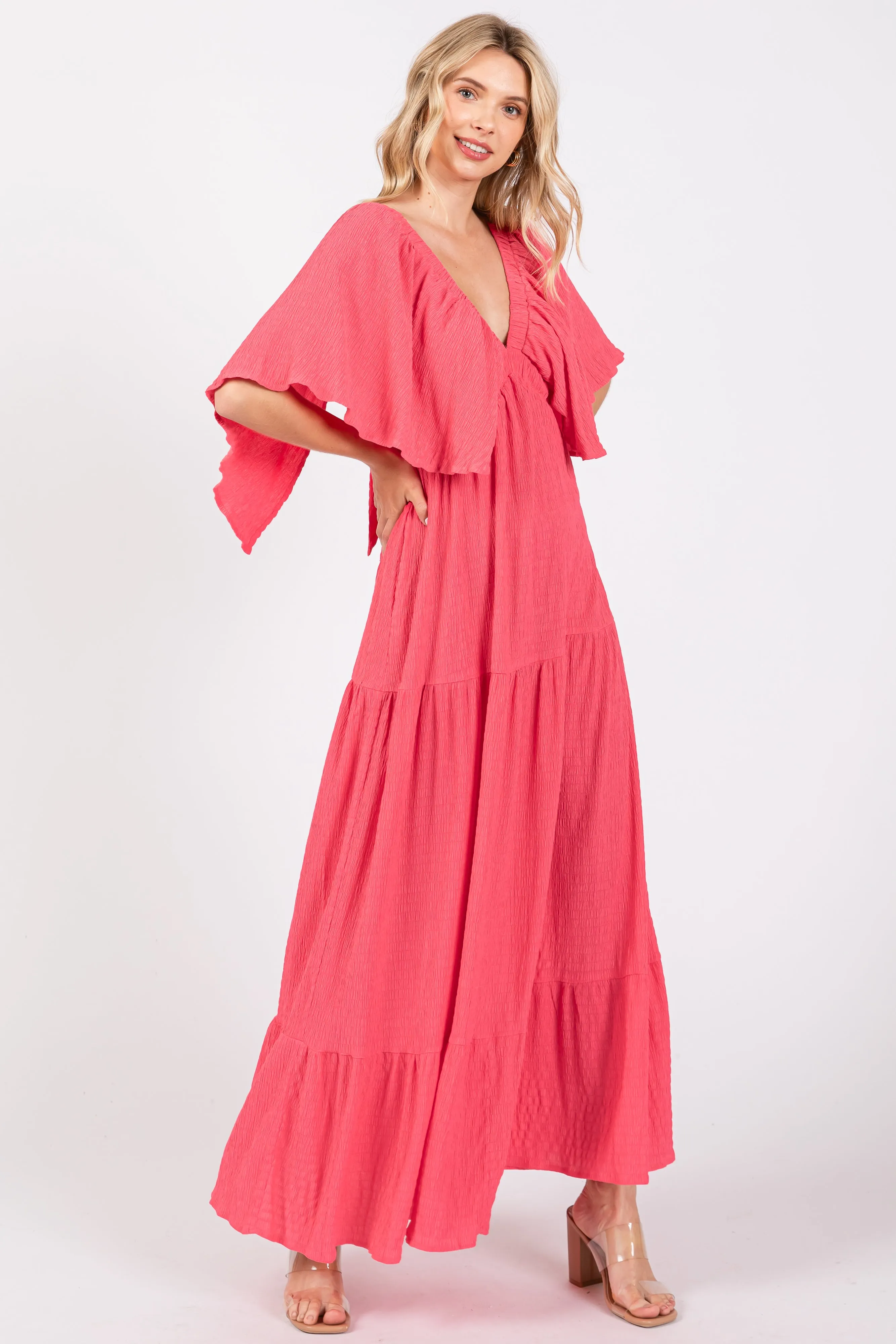 Coral Flounce Sleeve Tiered Dress sold by Pinkblush