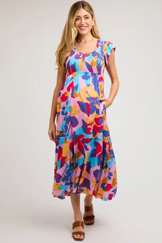 Multi-Color Smocked Ruffle Maternity Midi Dress sold by Pinkblush