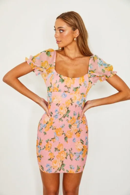 Pink Floral Puff Sleeved Smocked Mini Dress sold by Pinkblush