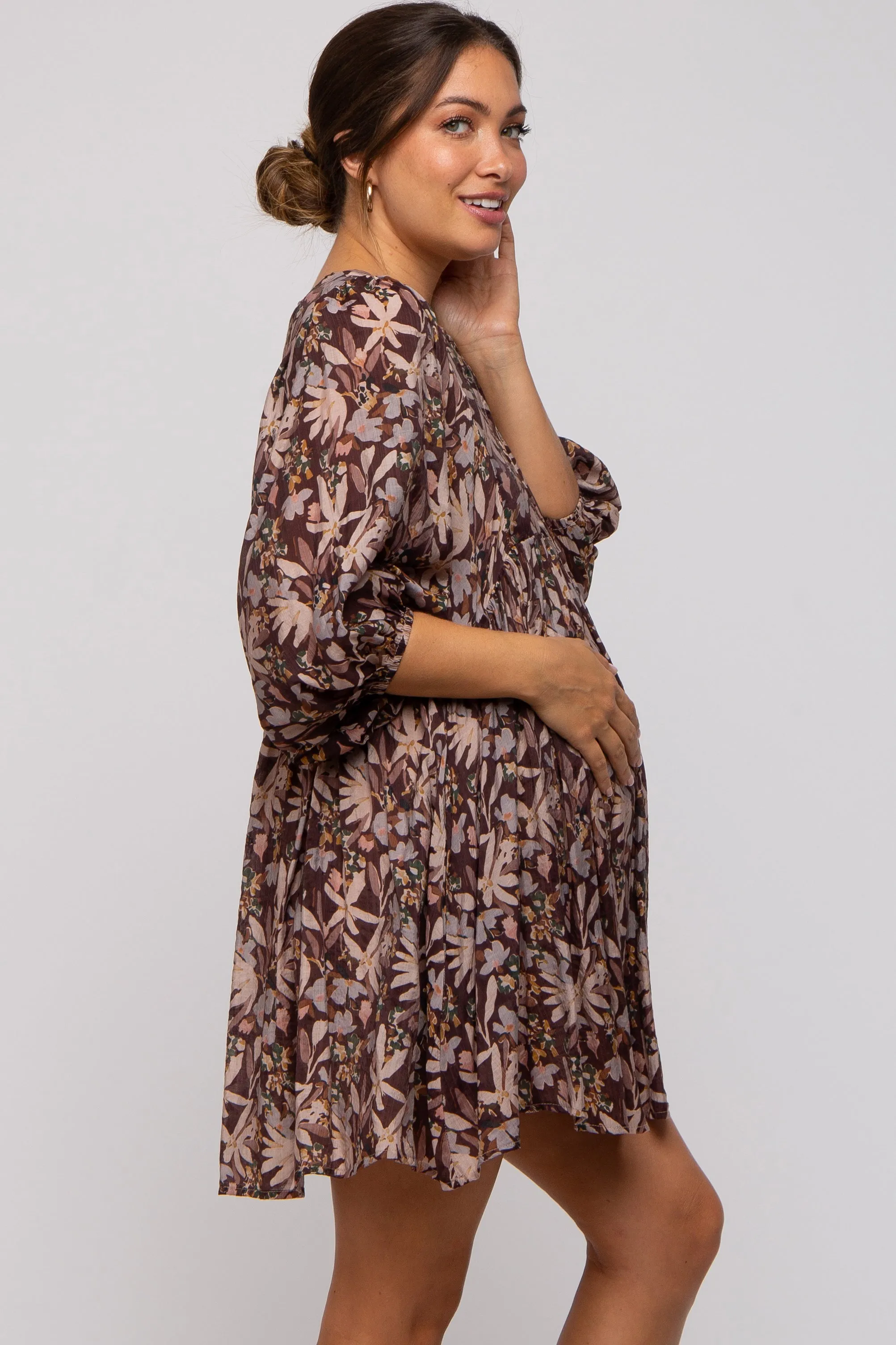 Brown Floral 3/4 Sleeve Maternity Dress sold by Pinkblush product image thumbnail 2