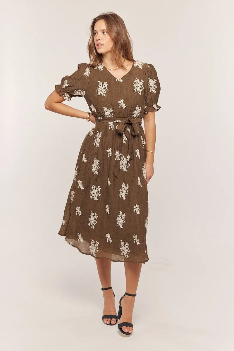 Brown Embroidered Sash Tie Maternity Midi Dress sold by Pinkblush product image thumbnail 3