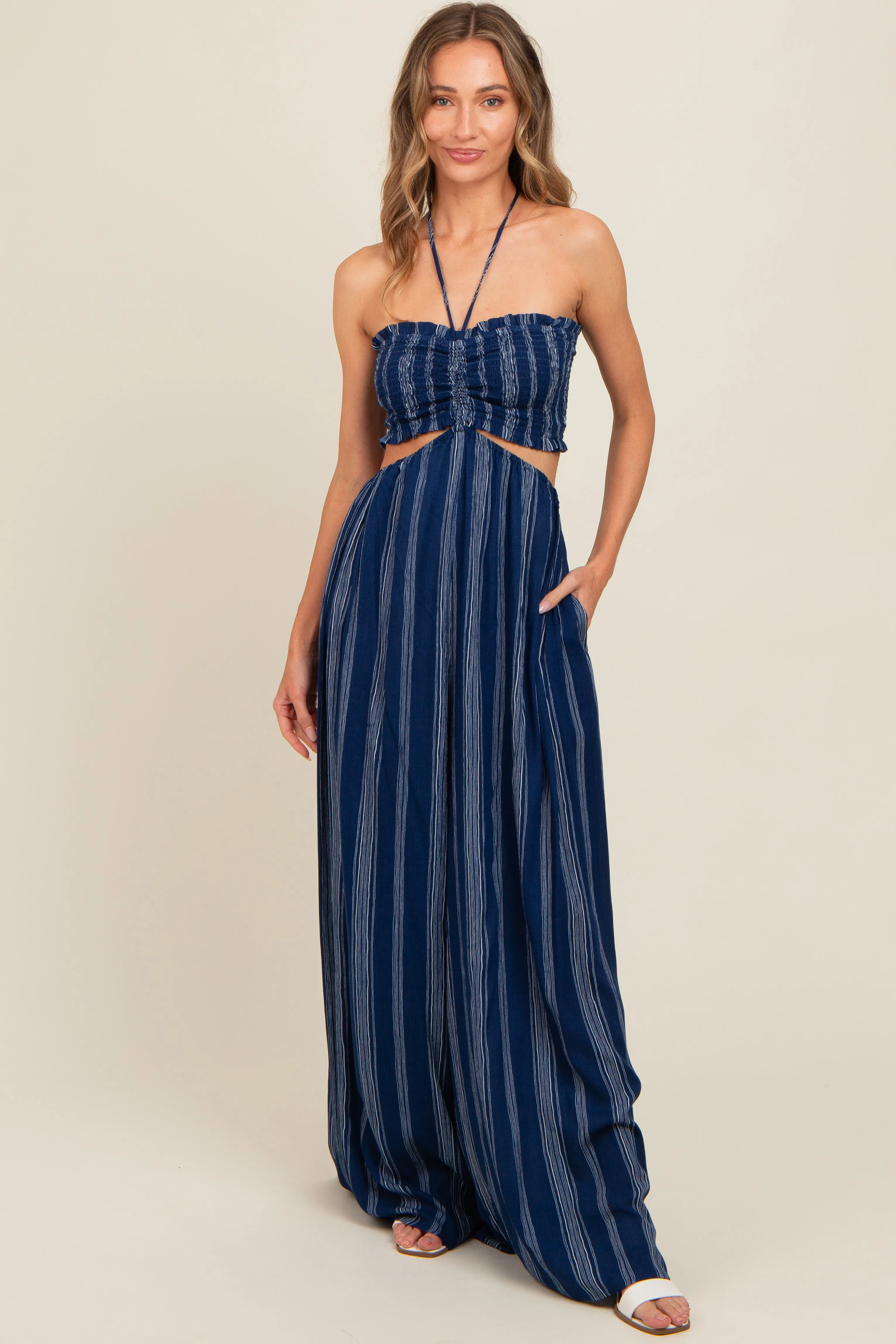 Navy Striped Cutout Halter Wide Leg Jumpsuit sold by Pinkblush product image thumbnail 2