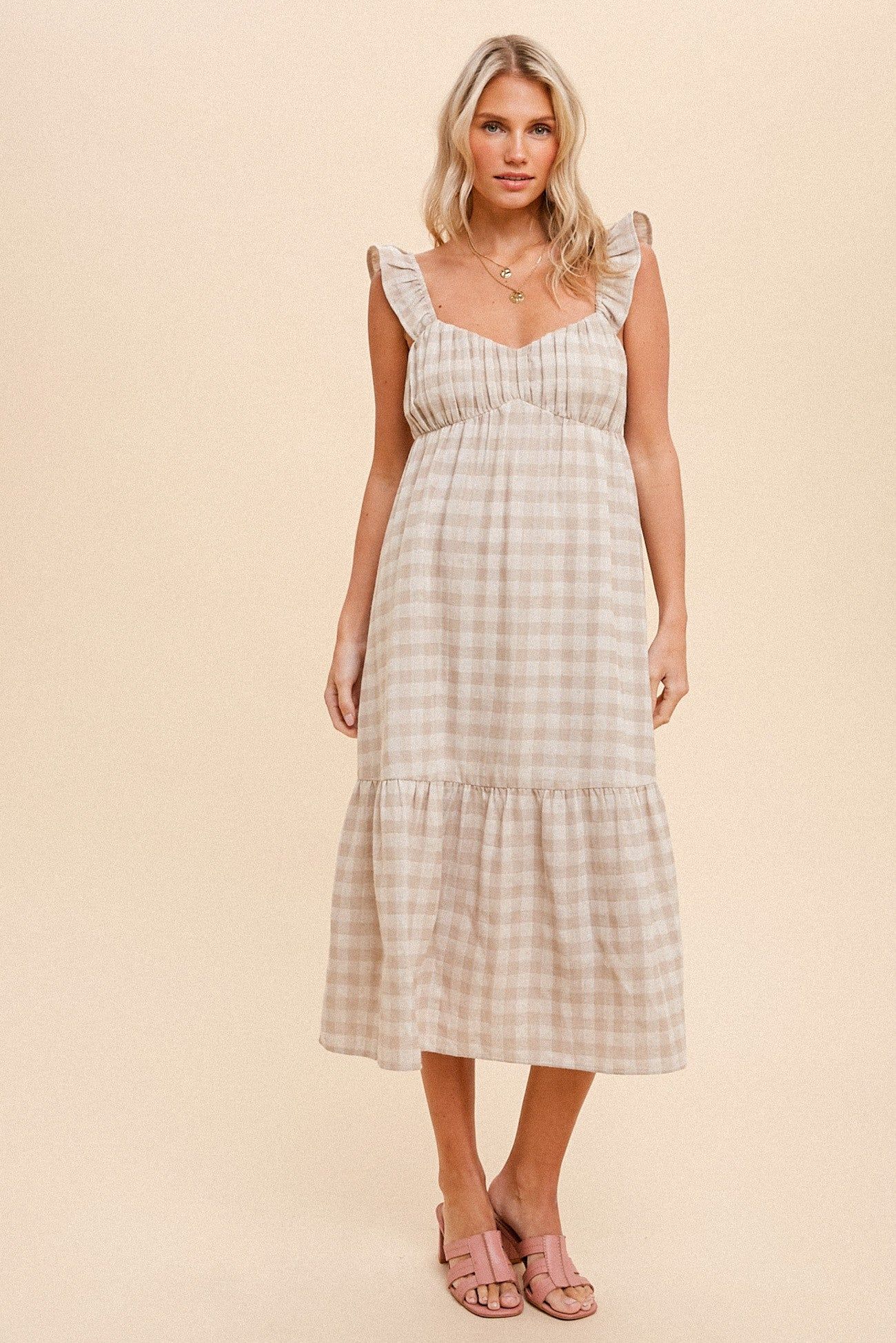 Beige Checkered Linen Sweetheart Neck Ruffle Strap Midi Dress sold by Pinkblush product image thumbnail 5
