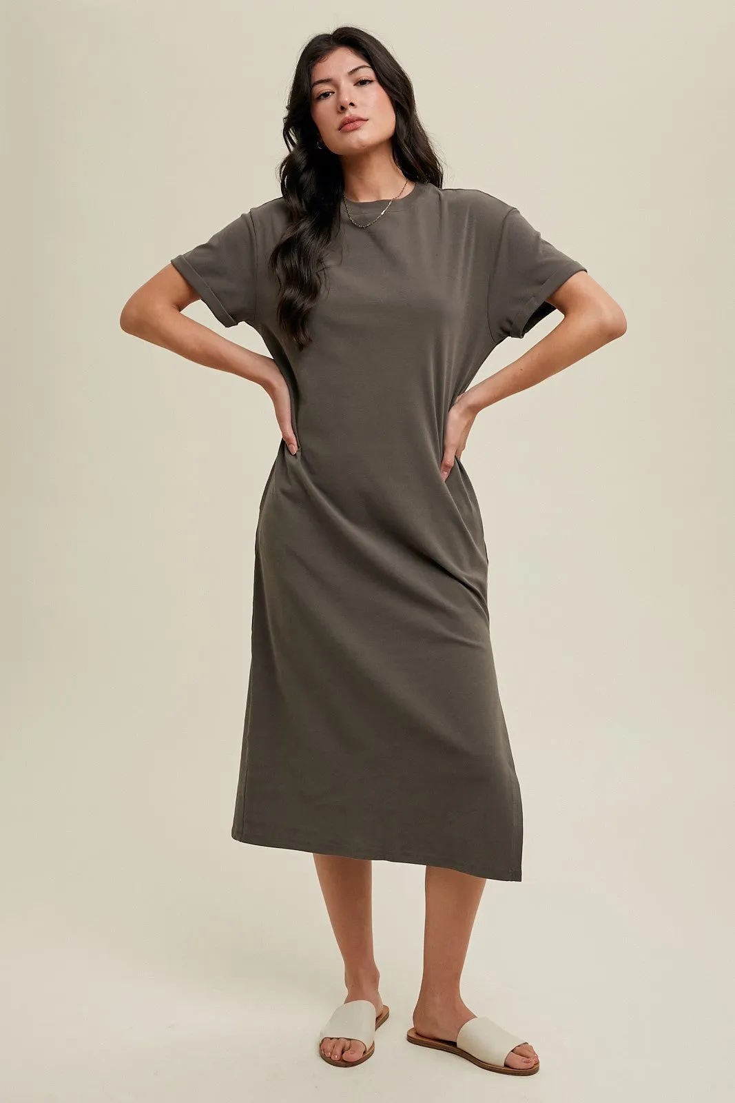 Charcoal Basic Side Slit Midi Dress sold by Pinkblush