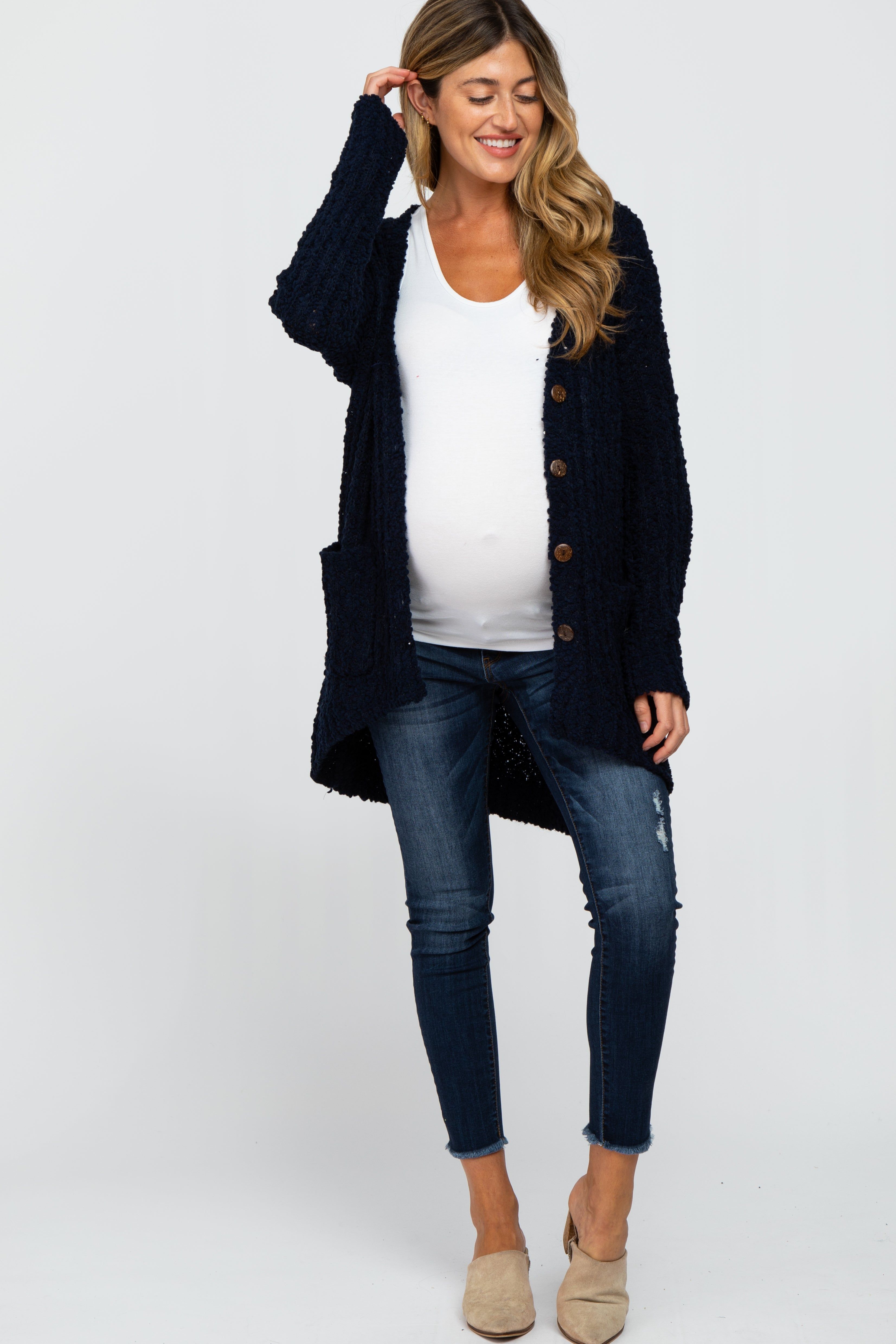 Navy Blue Popcorn Knit Hi-Low Maternity Cardigan sold by Pinkblush product image thumbnail 4