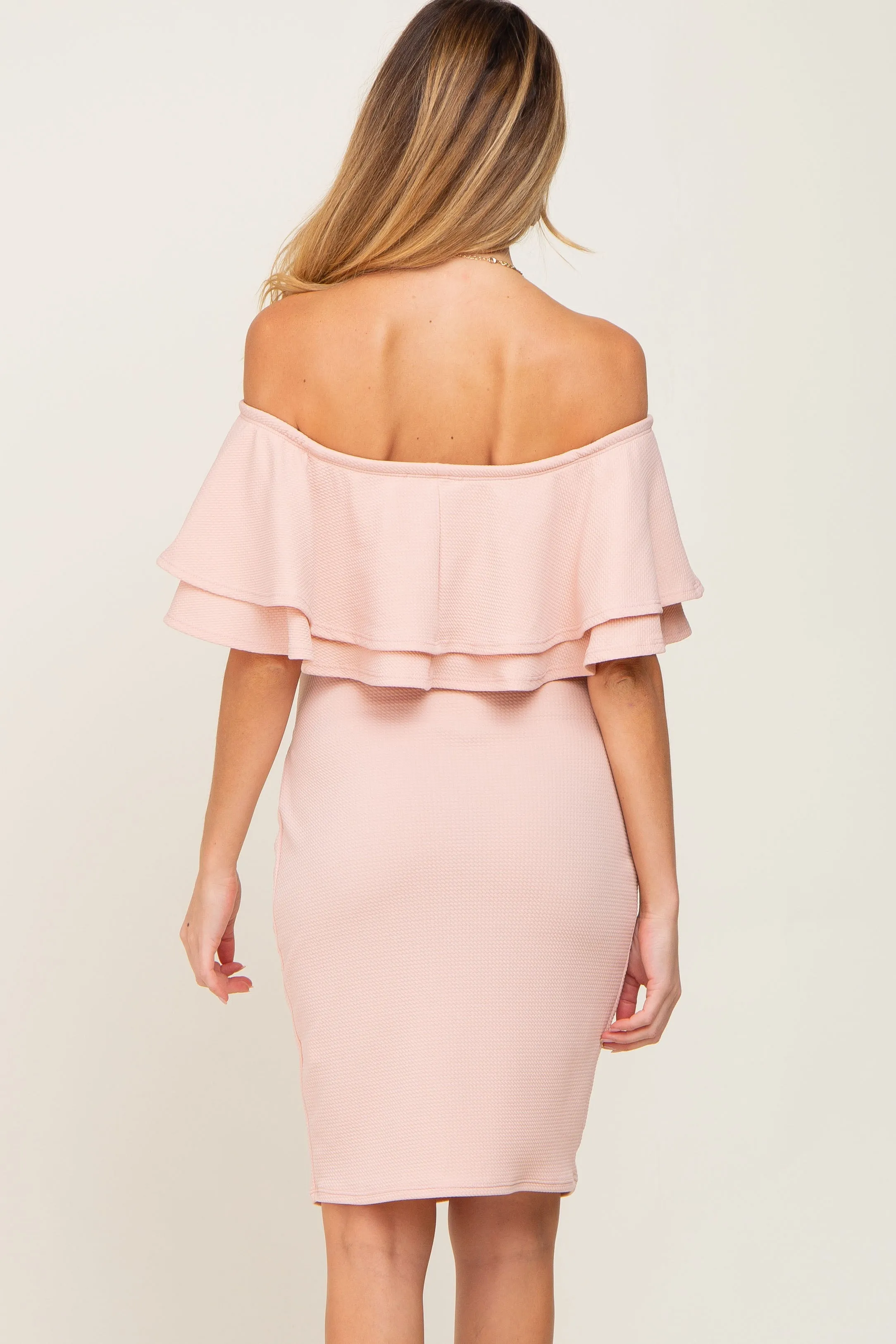 Light Pink Off Shoulder Ruched Maternity Dress sold by Pinkblush product image thumbnail 3
