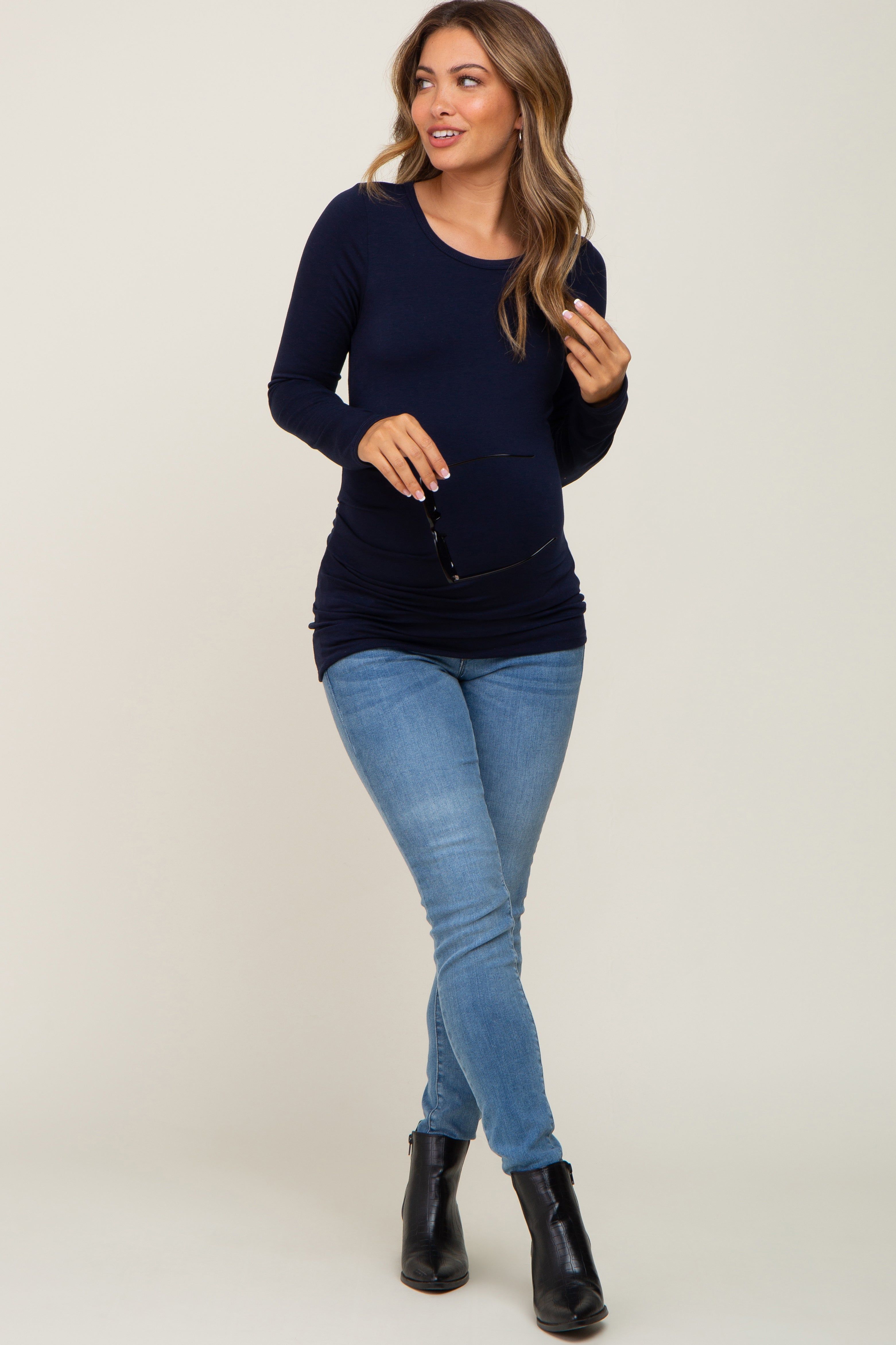 Navy Ruched Side Long Sleeve Maternity Top sold by Pinkblush product image thumbnail 4