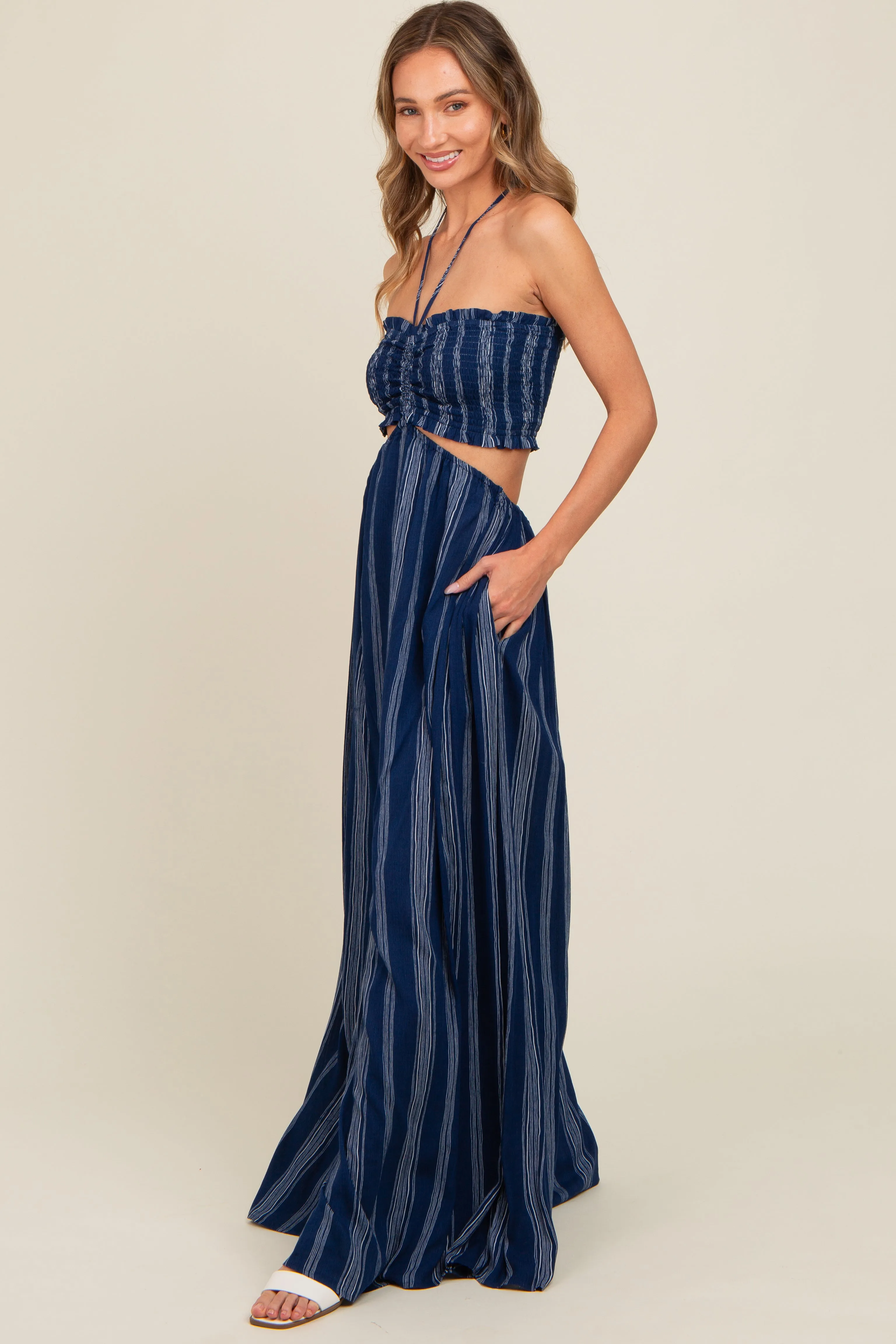 Navy Striped Cutout Halter Wide Leg Jumpsuit sold by Pinkblush product image thumbnail 3