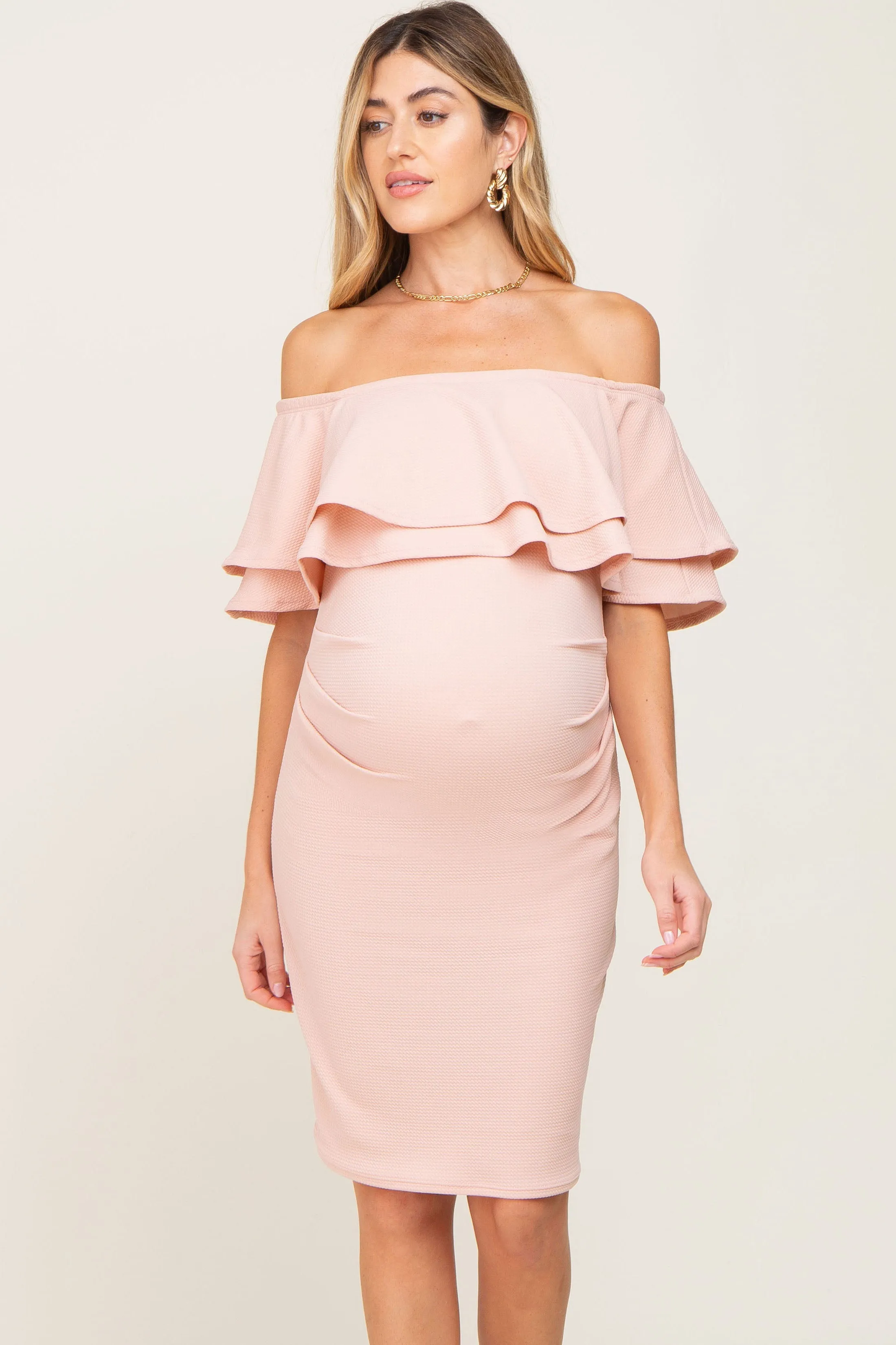 Light Pink Off Shoulder Ruched Maternity Dress sold by Pinkblush