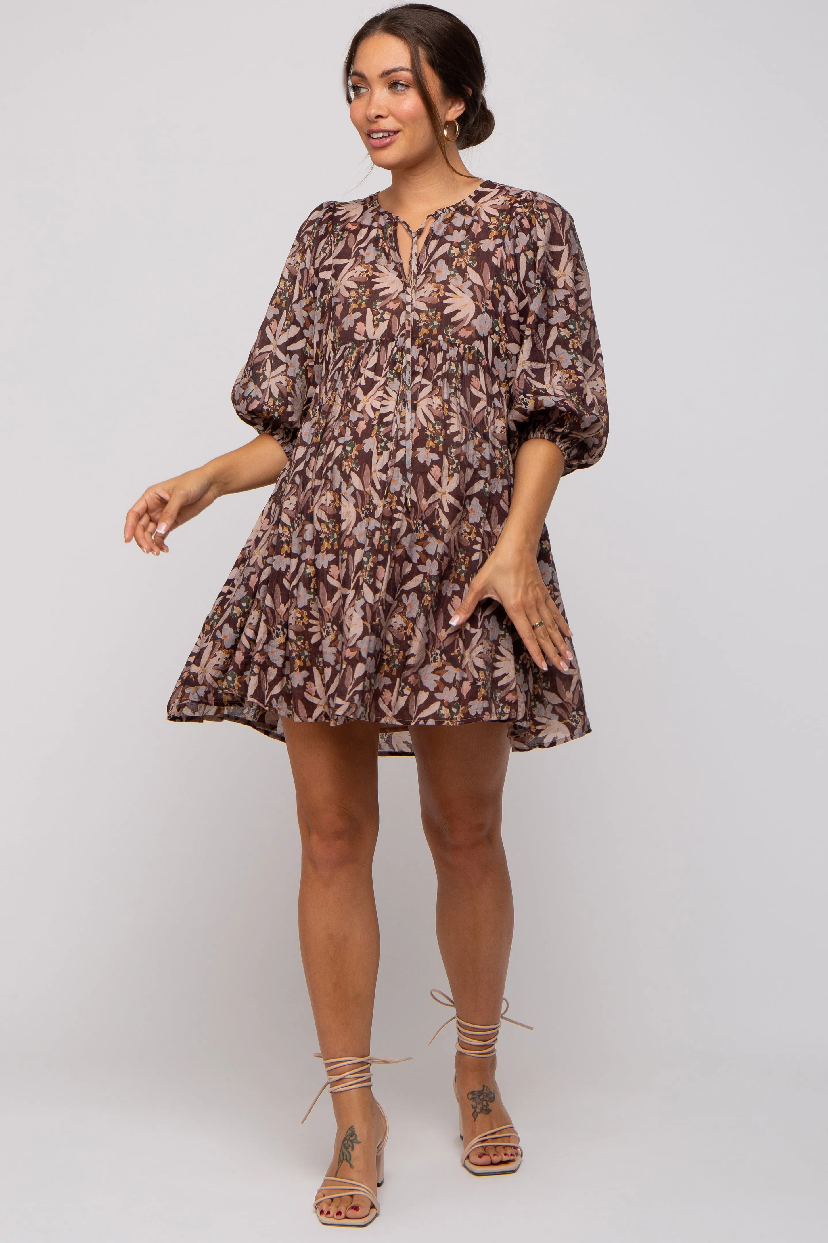 Brown Floral 3/4 Sleeve Maternity Dress sold by Pinkblush product image thumbnail 4