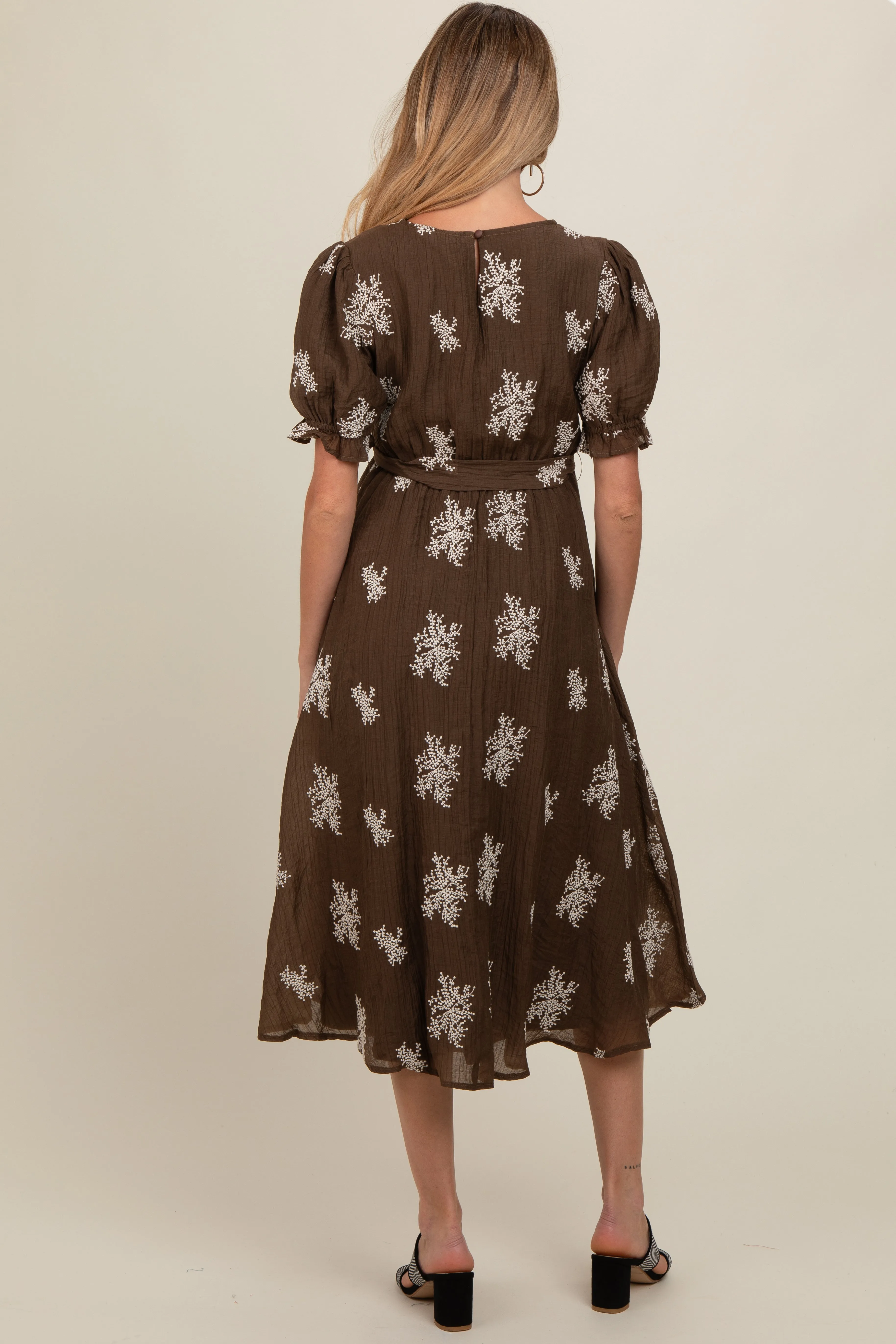 Brown Embroidered Sash Tie Maternity Midi Dress sold by Pinkblush product image thumbnail 2