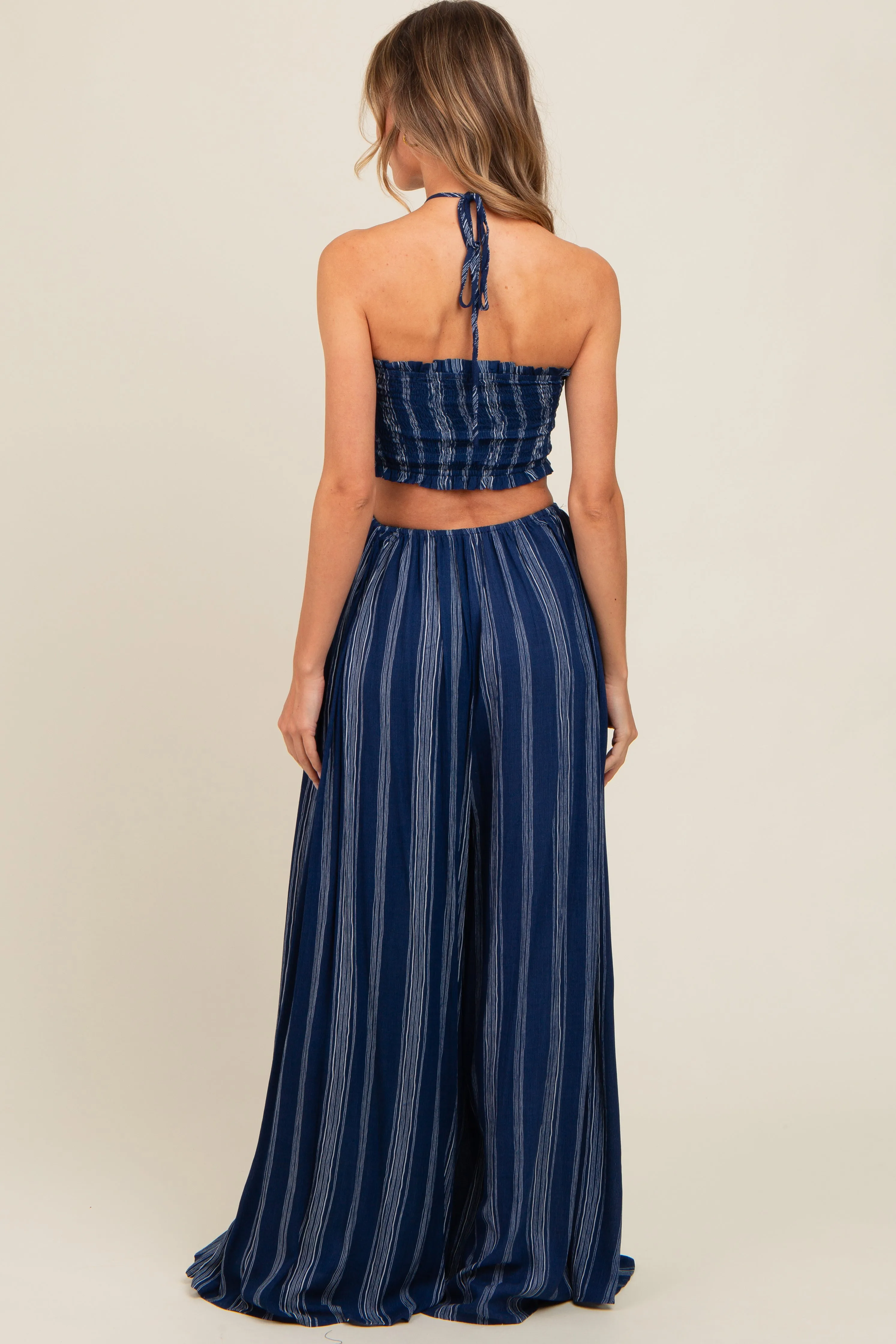 Navy Striped Cutout Halter Wide Leg Jumpsuit sold by Pinkblush product image thumbnail 4
