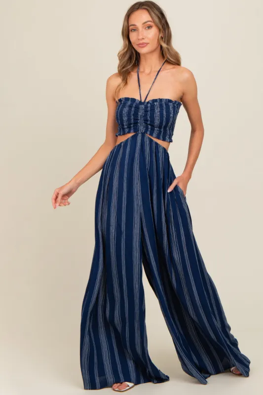 Navy Striped Cutout Halter Wide Leg Jumpsuit sold by Pinkblush