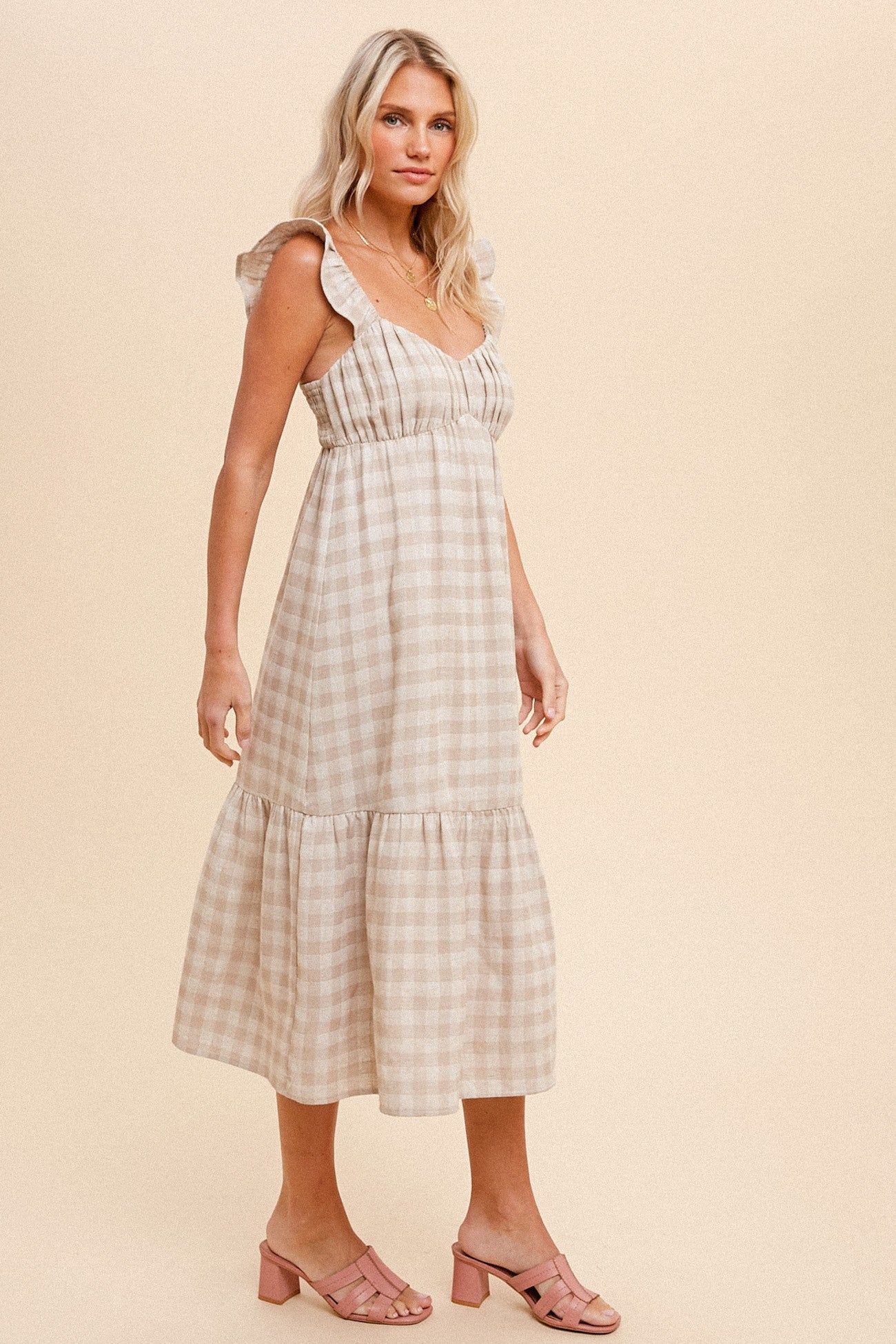 Beige Checkered Linen Sweetheart Neck Ruffle Strap Midi Dress sold by Pinkblush product image thumbnail 4
