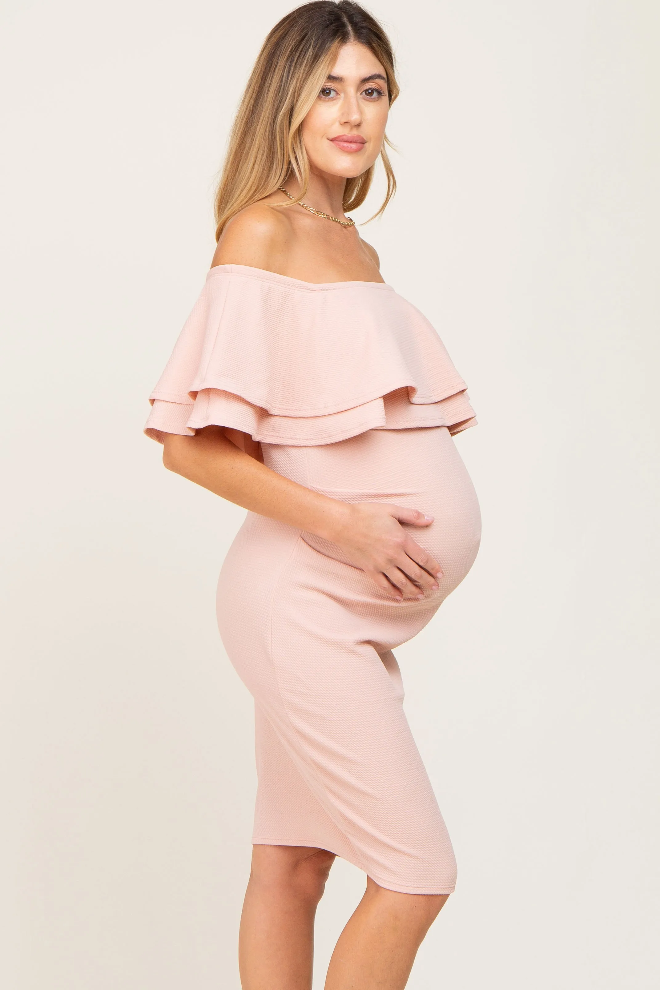 Light Pink Off Shoulder Ruched Maternity Dress sold by Pinkblush product image thumbnail 2