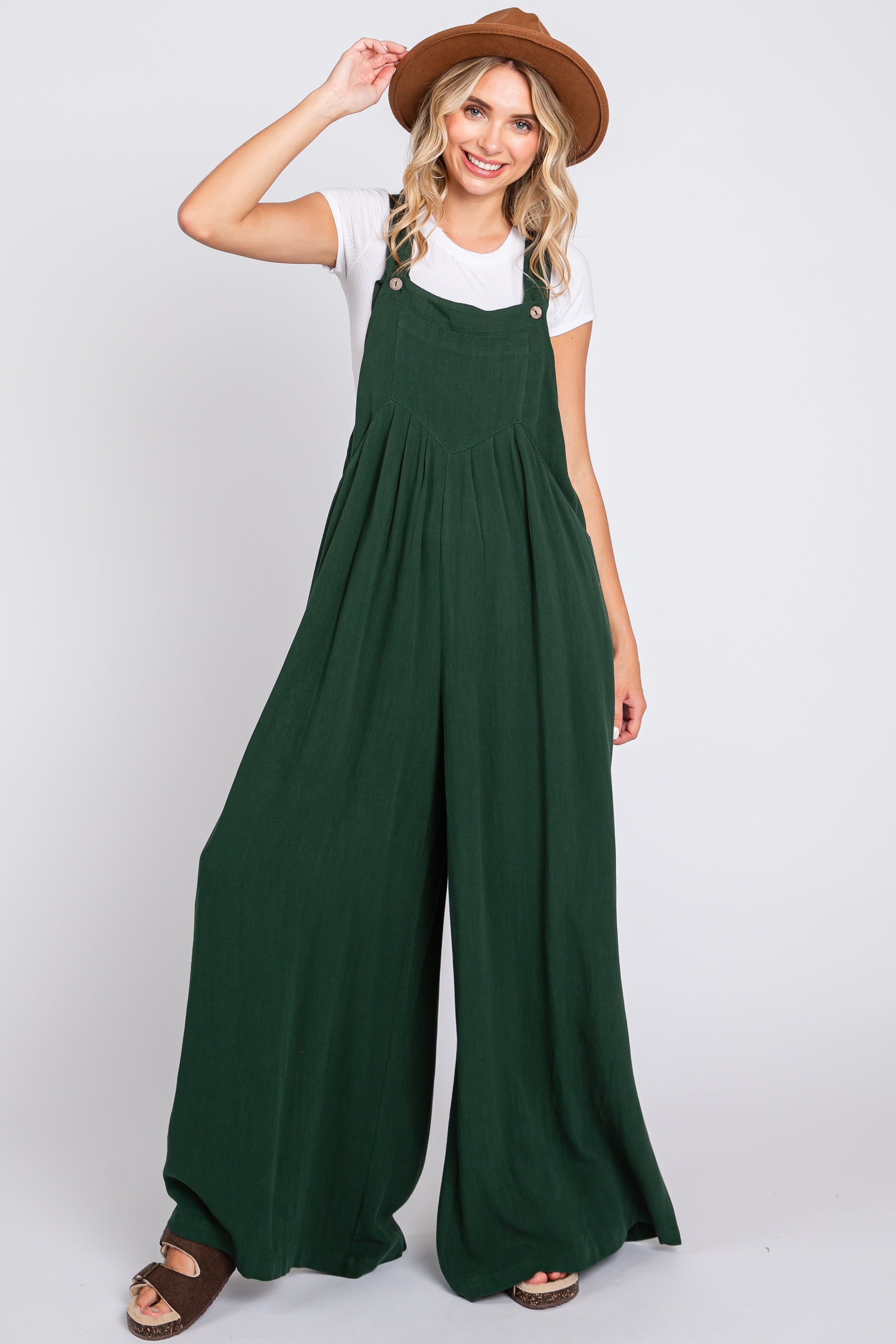 Forest Green Pleated Front Wide Leg Overalls sold by Pinkblush product image thumbnail 5