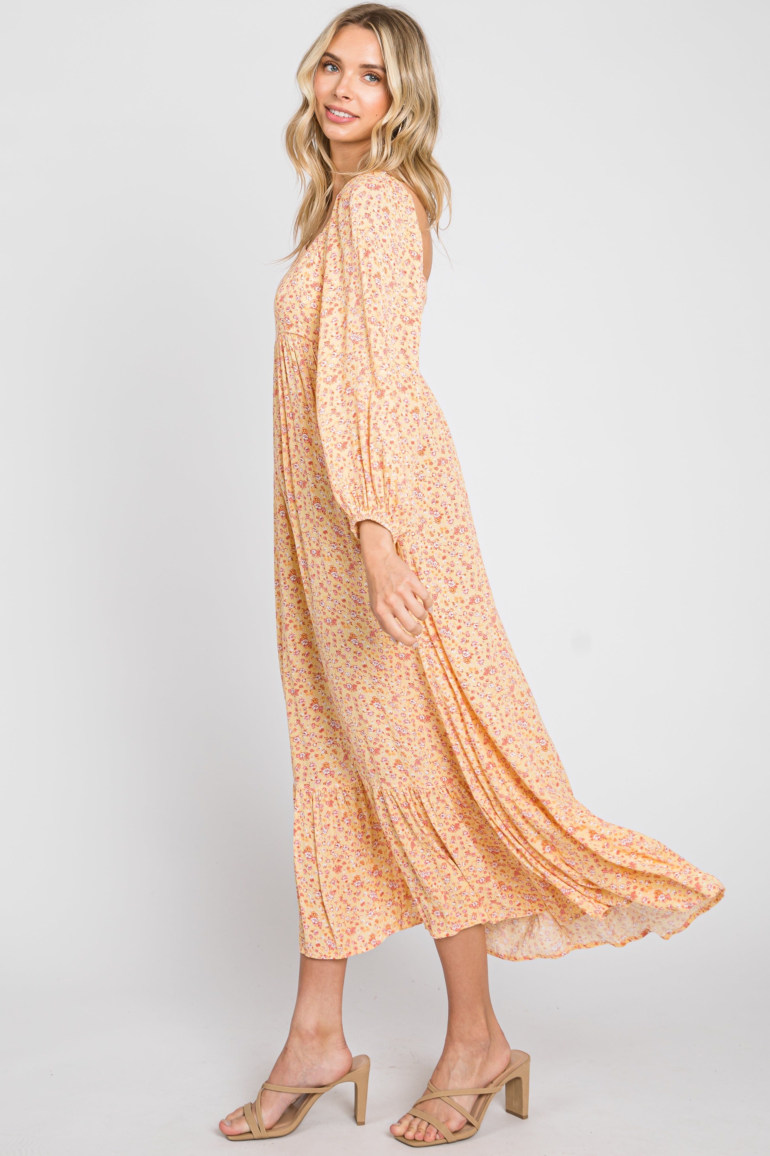 Yellow Floral Square Neck 3/4 Sleeve Midi Dress sold by Pinkblush product image thumbnail 2