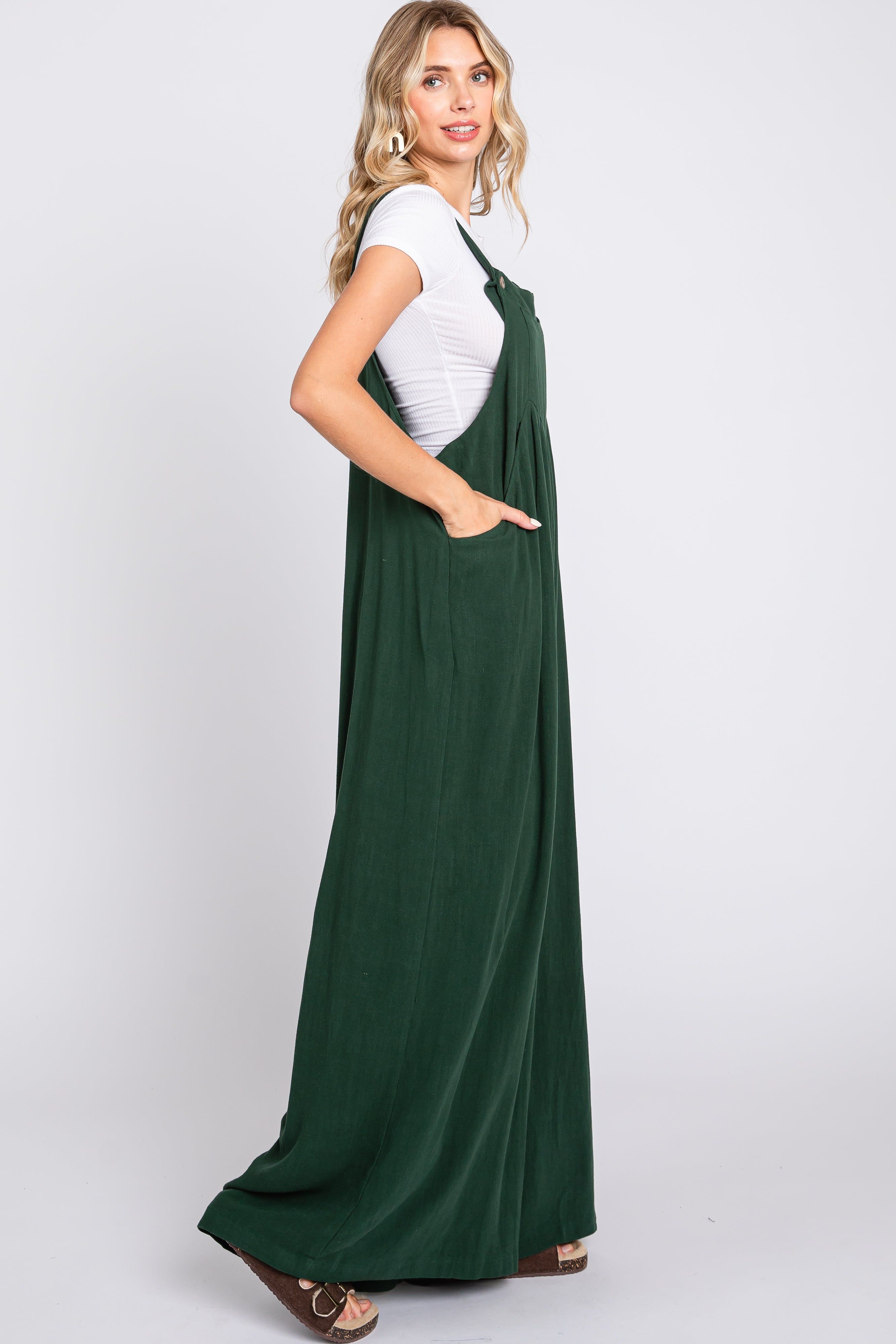 Forest Green Pleated Front Wide Leg Overalls sold by Pinkblush product image thumbnail 2