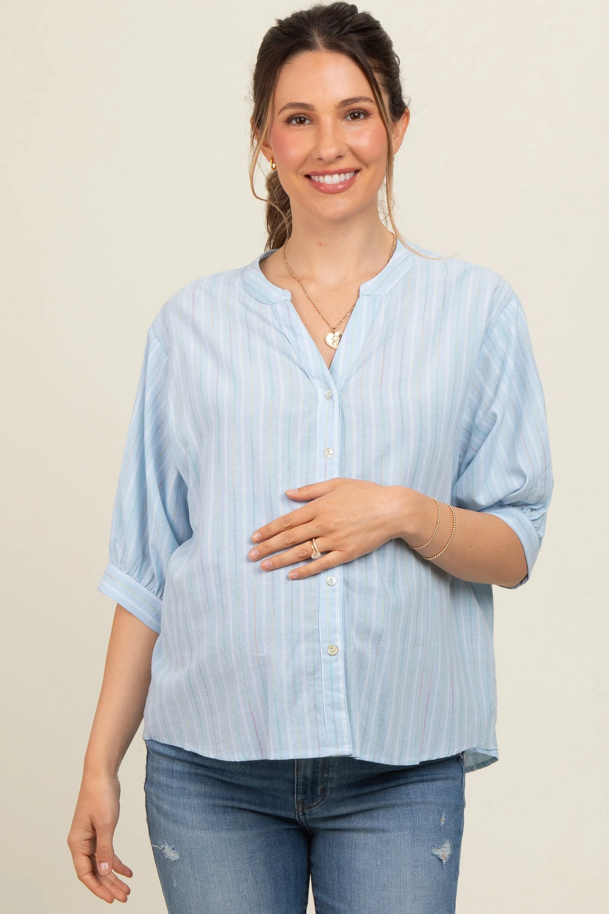 Light Blue Striped Button Down Maternity Top sold by Pinkblush
