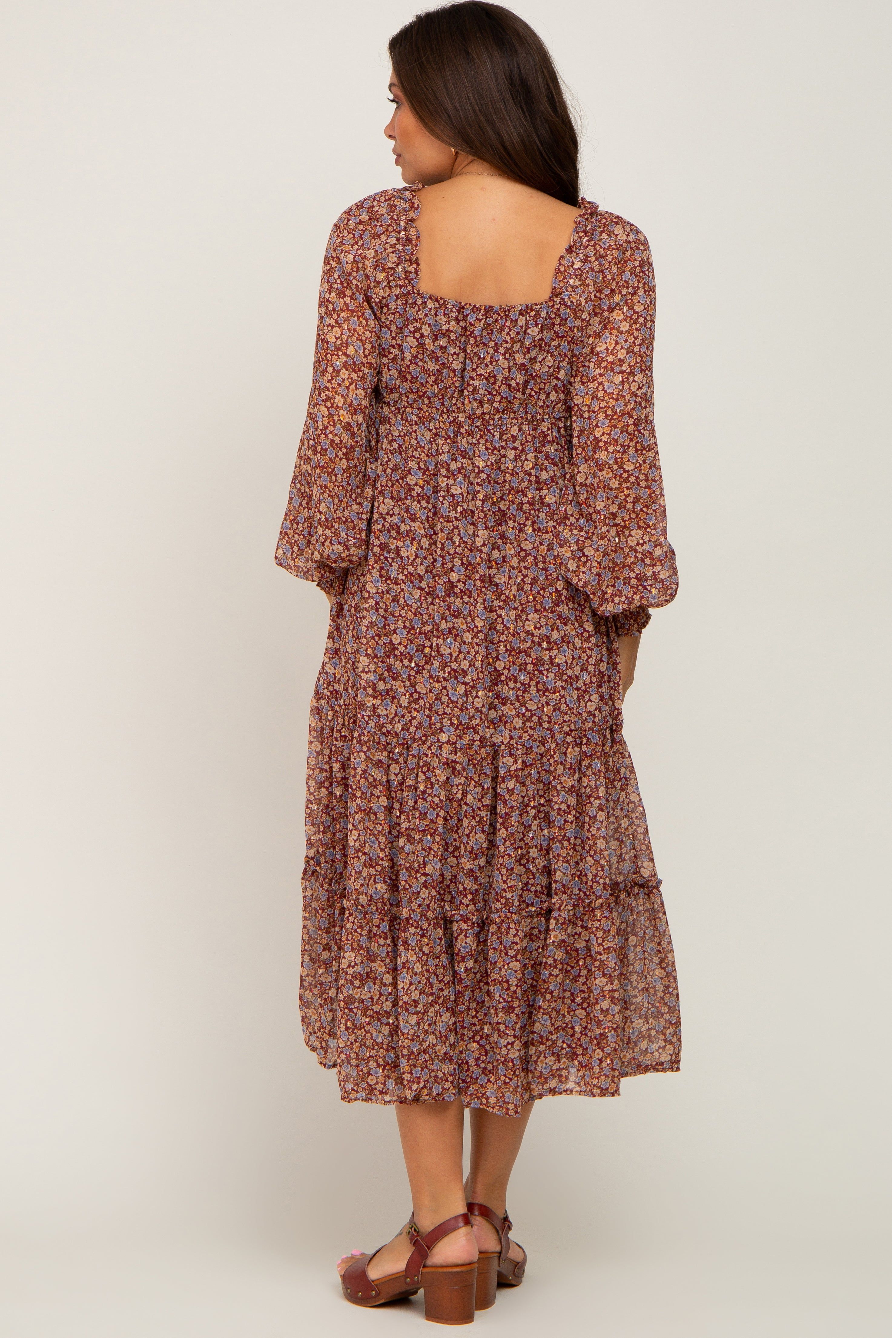 Floral Burgundy Ruffle Accent Maternity Midi Dress sold by Pinkblush product image thumbnail 3