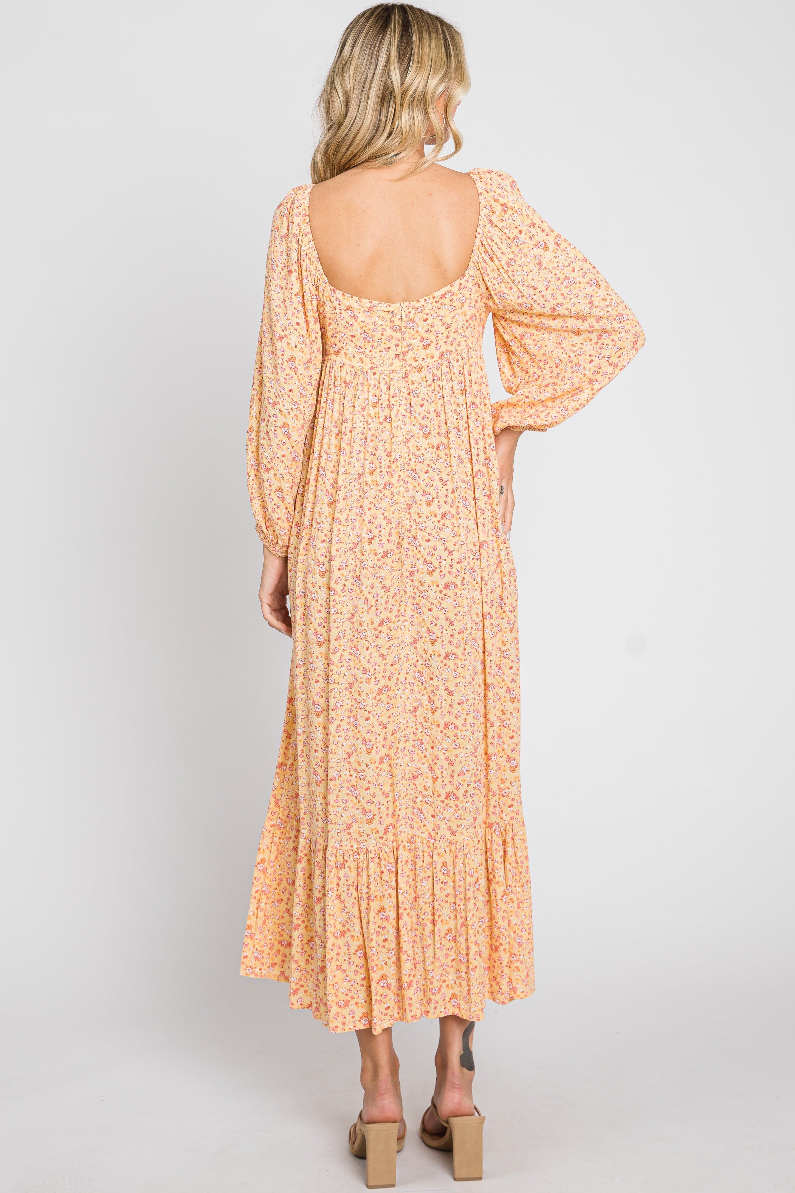 Yellow Floral Square Neck 3/4 Sleeve Midi Dress sold by Pinkblush product image thumbnail 3