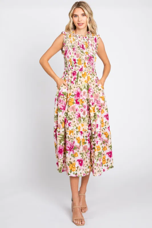 Ivory Floral Smocked Ruffle Neck Midi Dress sold by Pinkblush