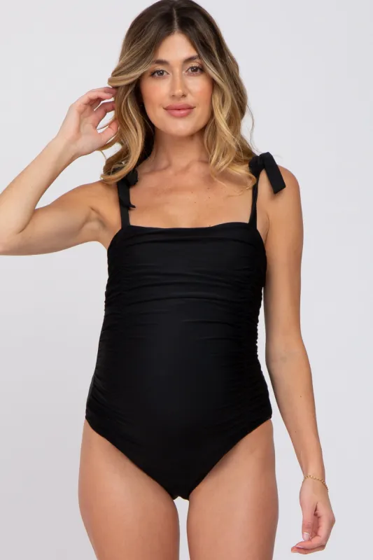 Black Shoulder Tie Maternity One-Piece Swimsuit sold by Pinkblush