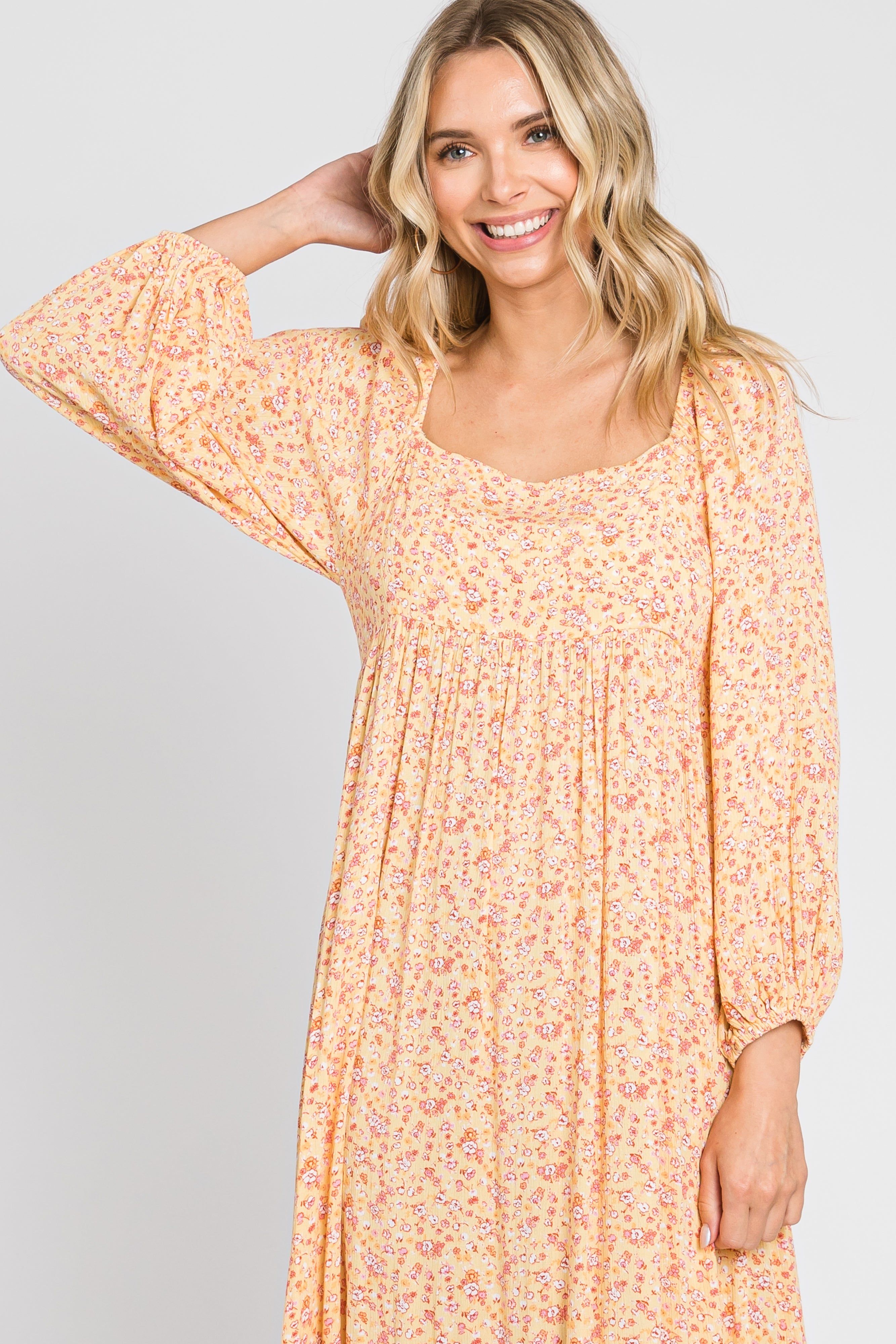 Yellow Floral Square Neck 3/4 Sleeve Midi Dress sold by Pinkblush product image thumbnail 4