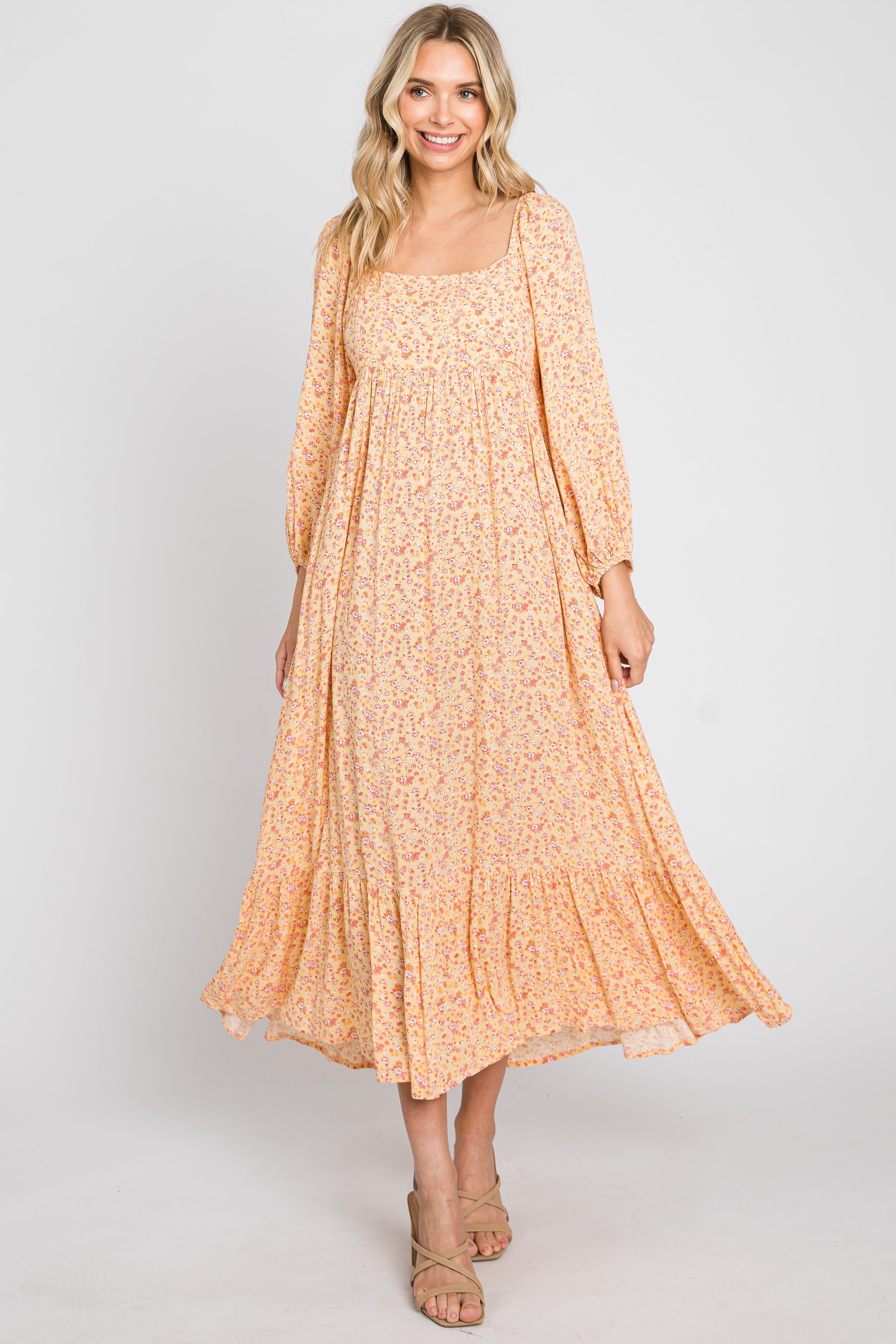 Yellow Floral Square Neck 3/4 Sleeve Midi Dress sold by Pinkblush