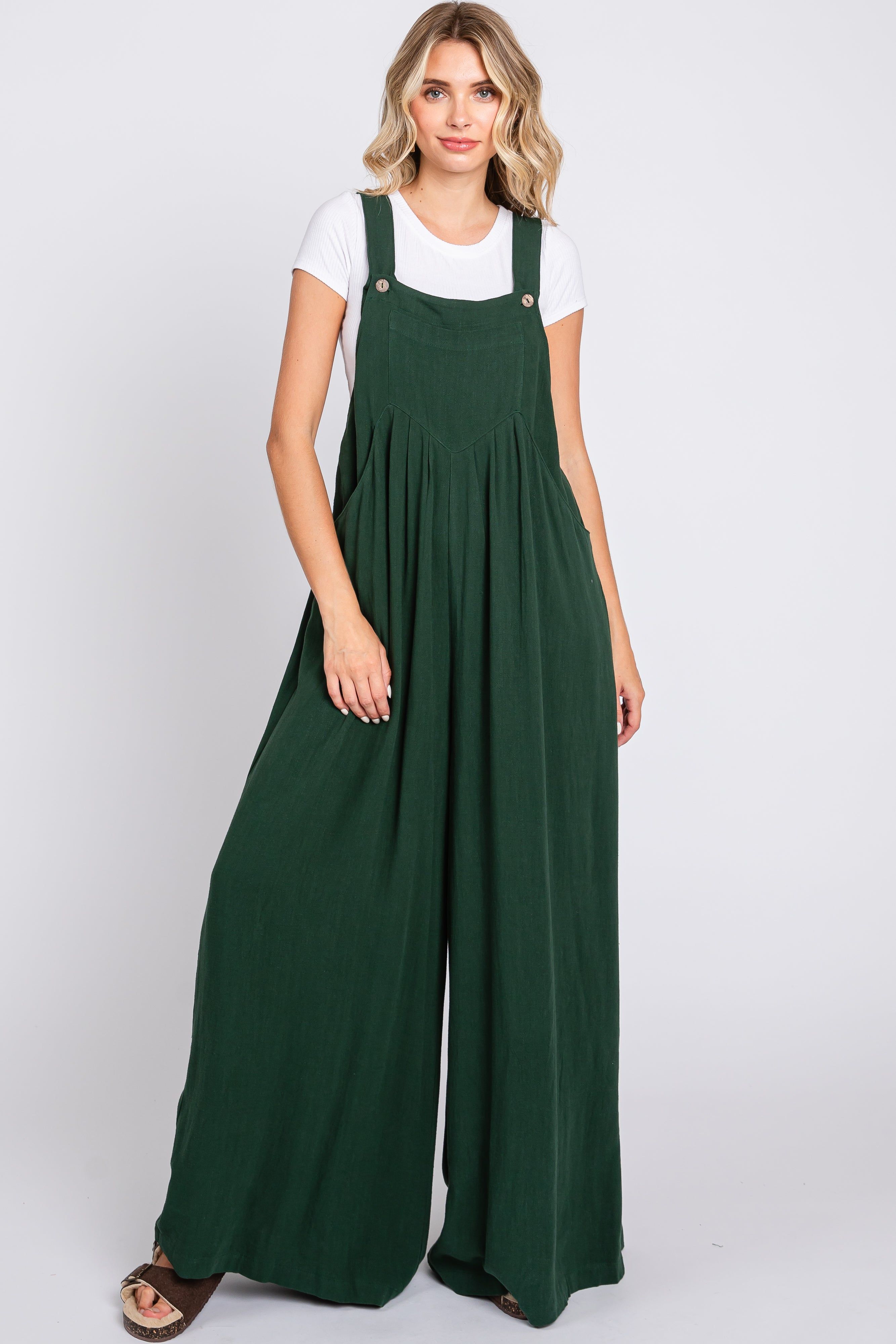 Forest Green Pleated Front Wide Leg Overalls sold by Pinkblush
