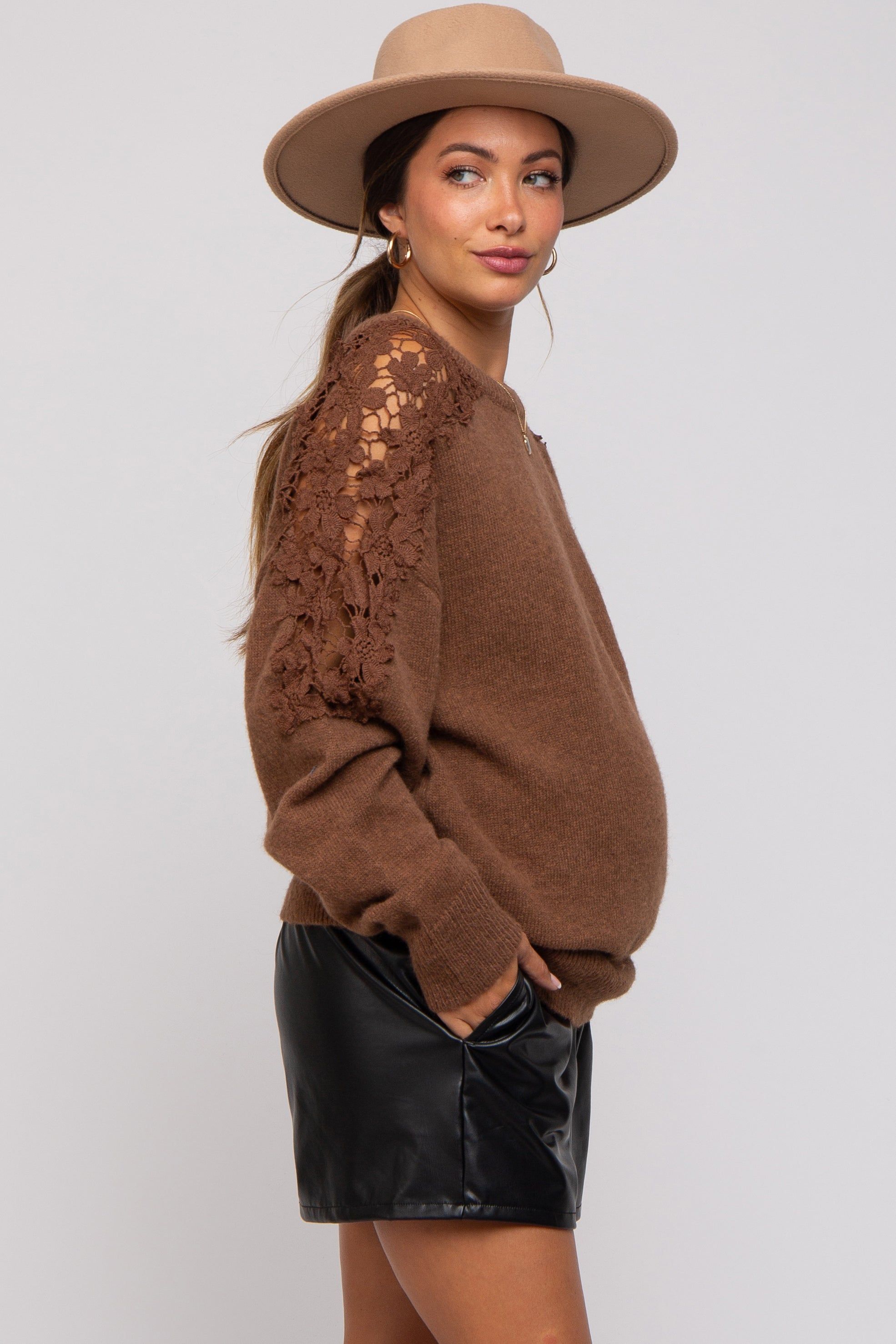 Mocha Crochet Lace Shoulder Maternity Sweater sold by Pinkblush product image thumbnail 2