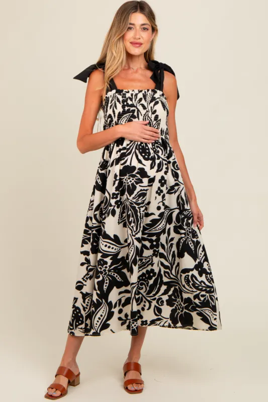 Black Floral Smocked Shoulder Tie Maternity Midi Dress sold by Pinkblush