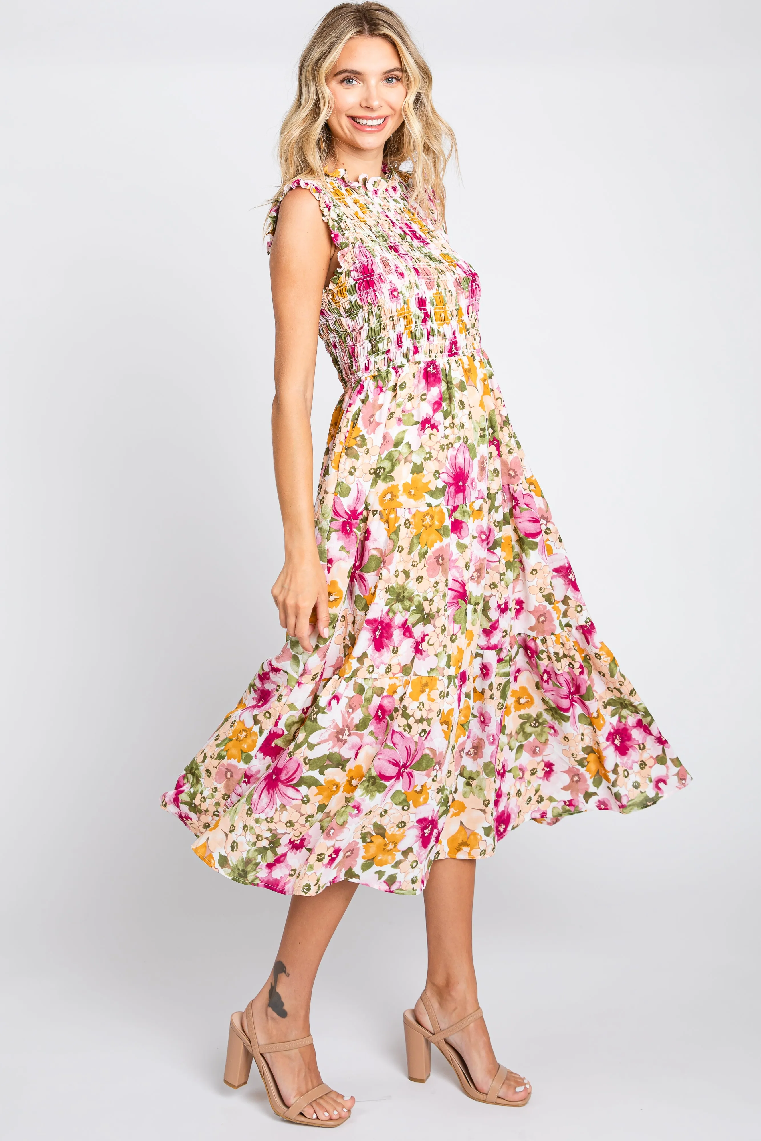 Ivory Floral Smocked Ruffle Neck Midi Dress sold by Pinkblush product image thumbnail 2