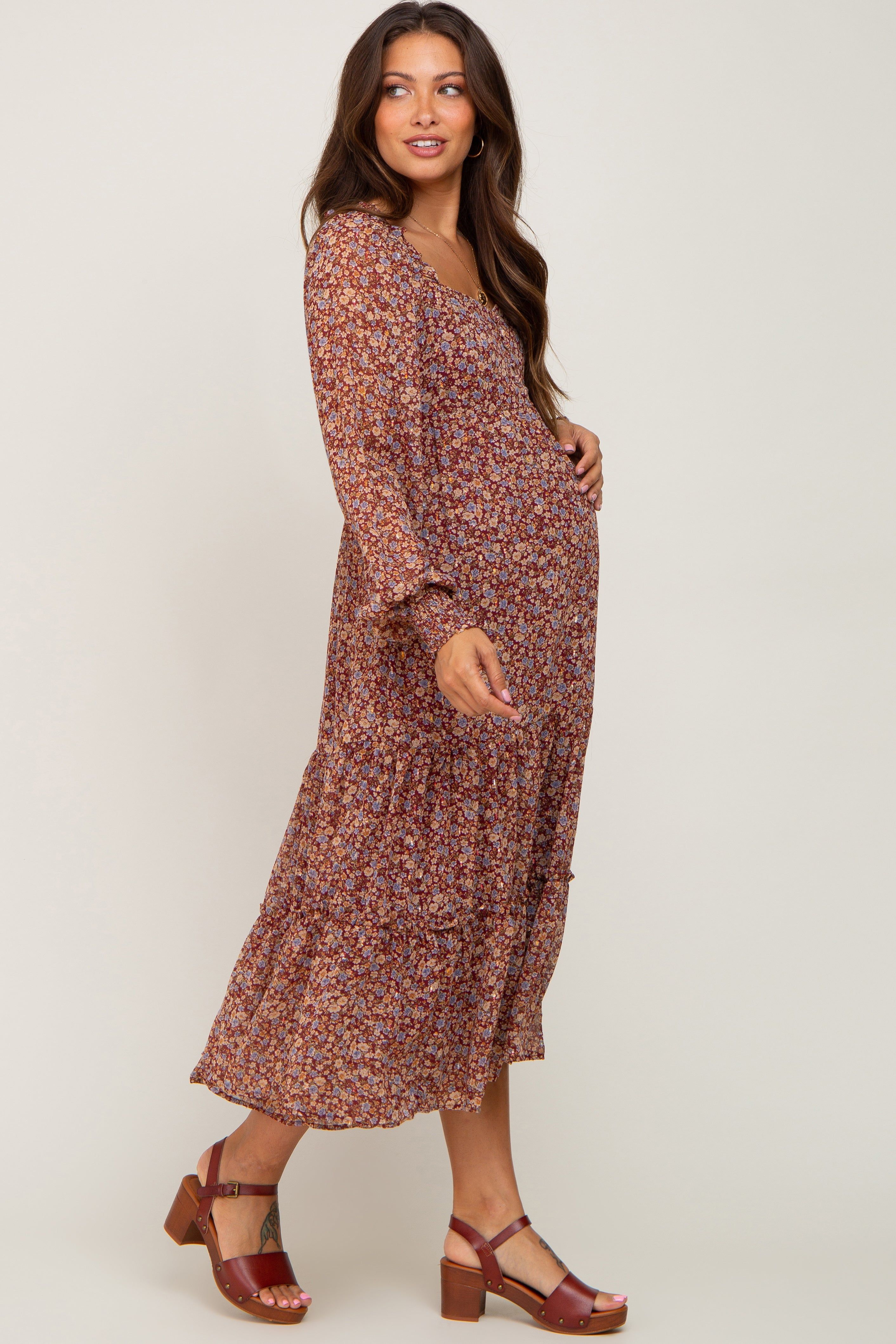 Floral Burgundy Ruffle Accent Maternity Midi Dress sold by Pinkblush product image thumbnail 2