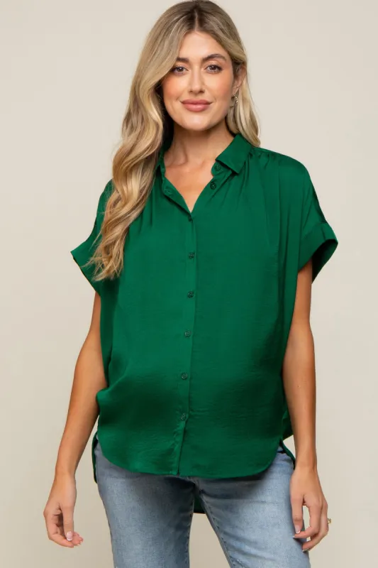 Forest Green Satin Button Front Collared Short Sleeve Maternity Top sold by Pinkblush