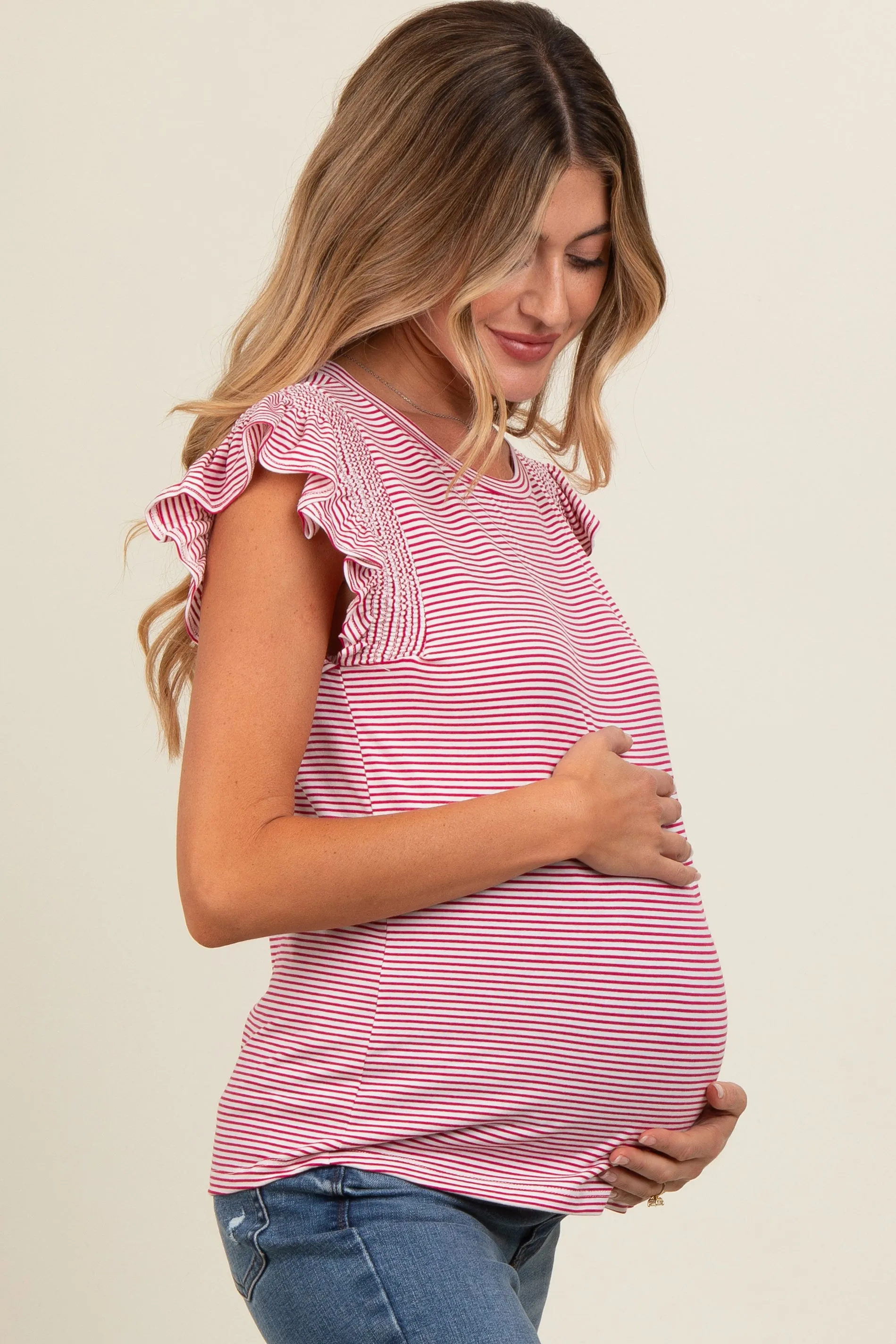 Fuchsia Striped Flutter Sleeve Maternity Top sold by Pinkblush product image thumbnail 2