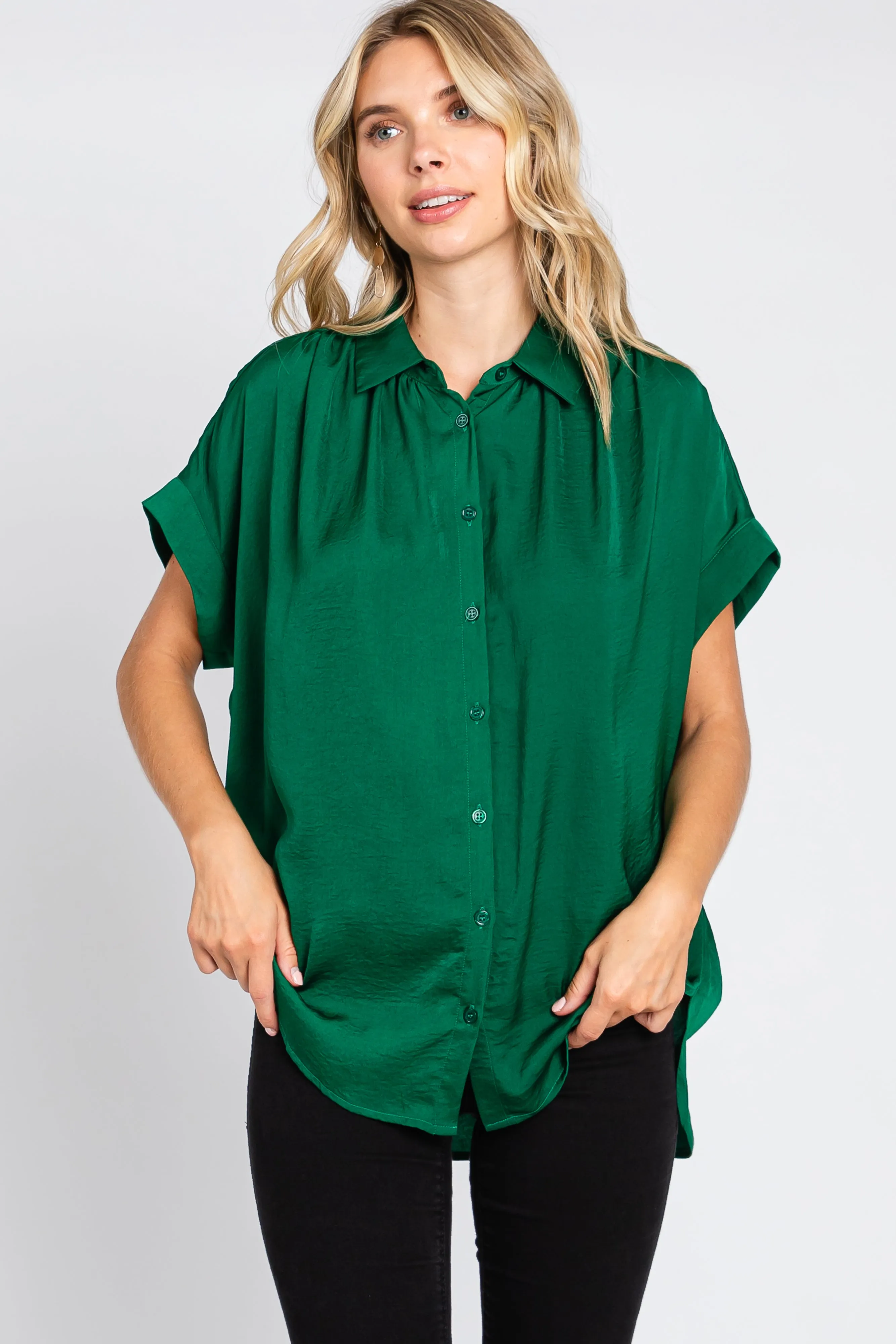 Forest Green Satin Button Front Collared Short Sleeve Maternity Top sold by Pinkblush product image thumbnail 5