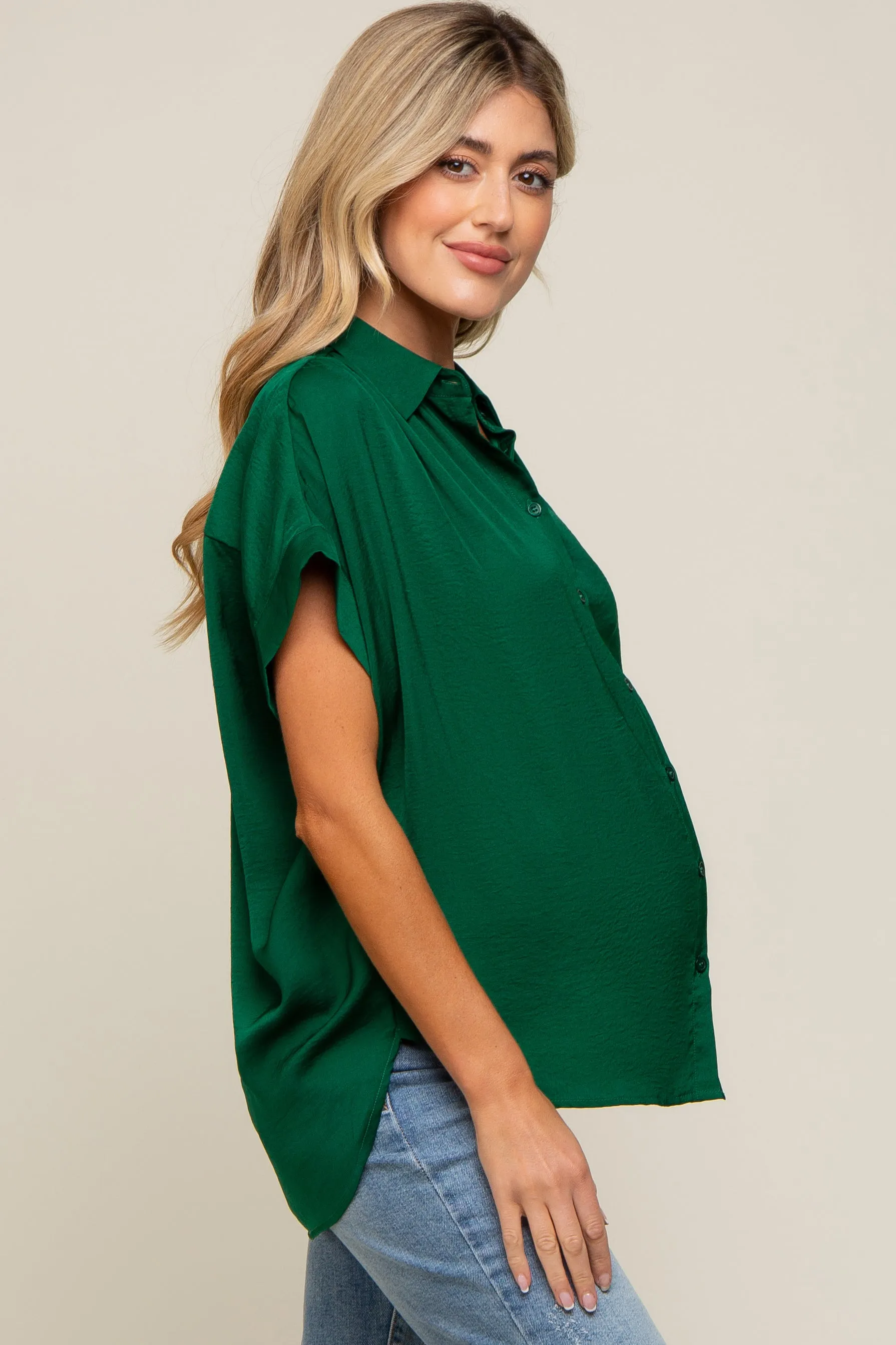 Forest Green Satin Button Front Collared Short Sleeve Maternity Top sold by Pinkblush product image thumbnail 2