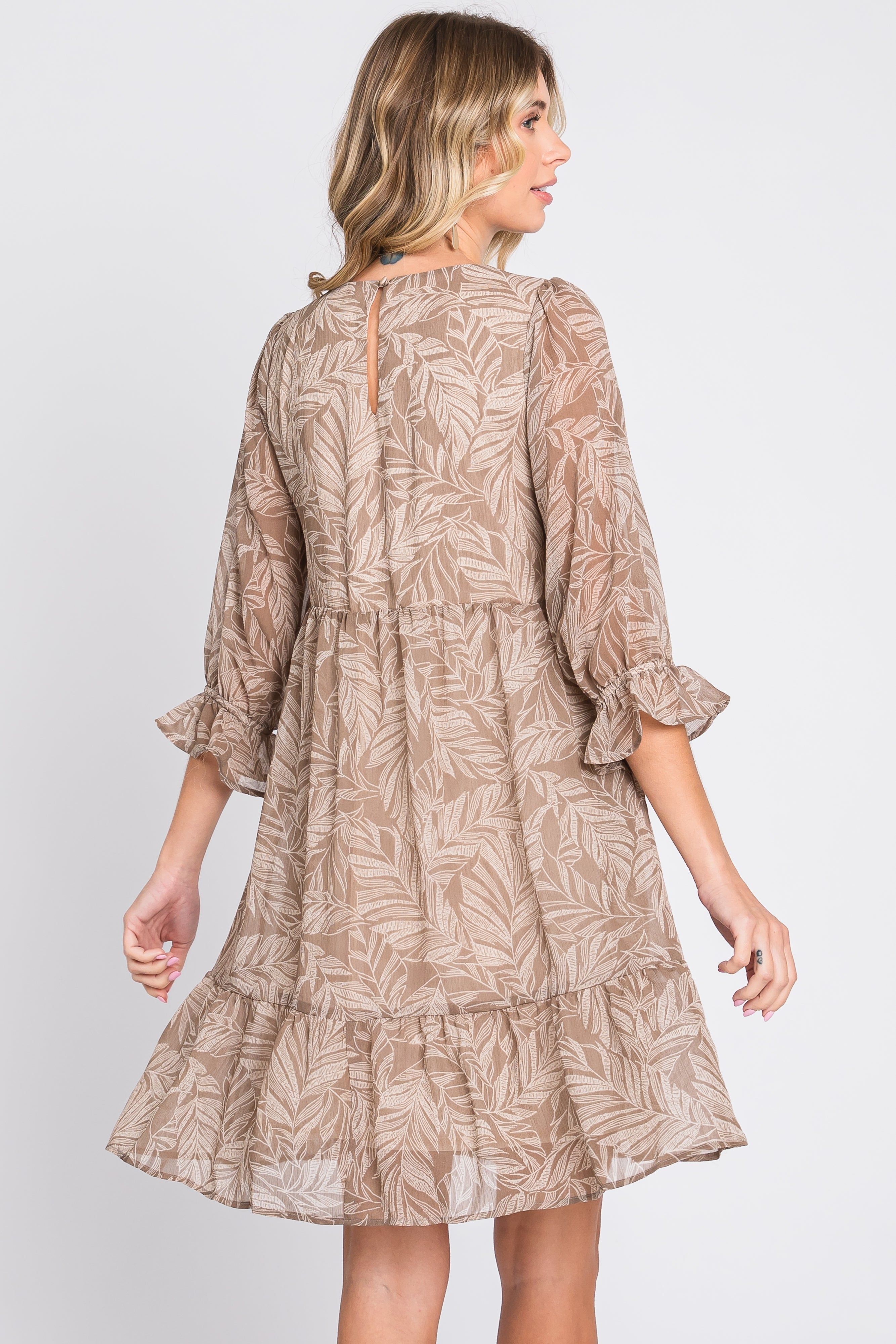 Mocha Leaf Print Chiffon 3/4 Sleeve Dress sold by Pinkblush product image thumbnail 4