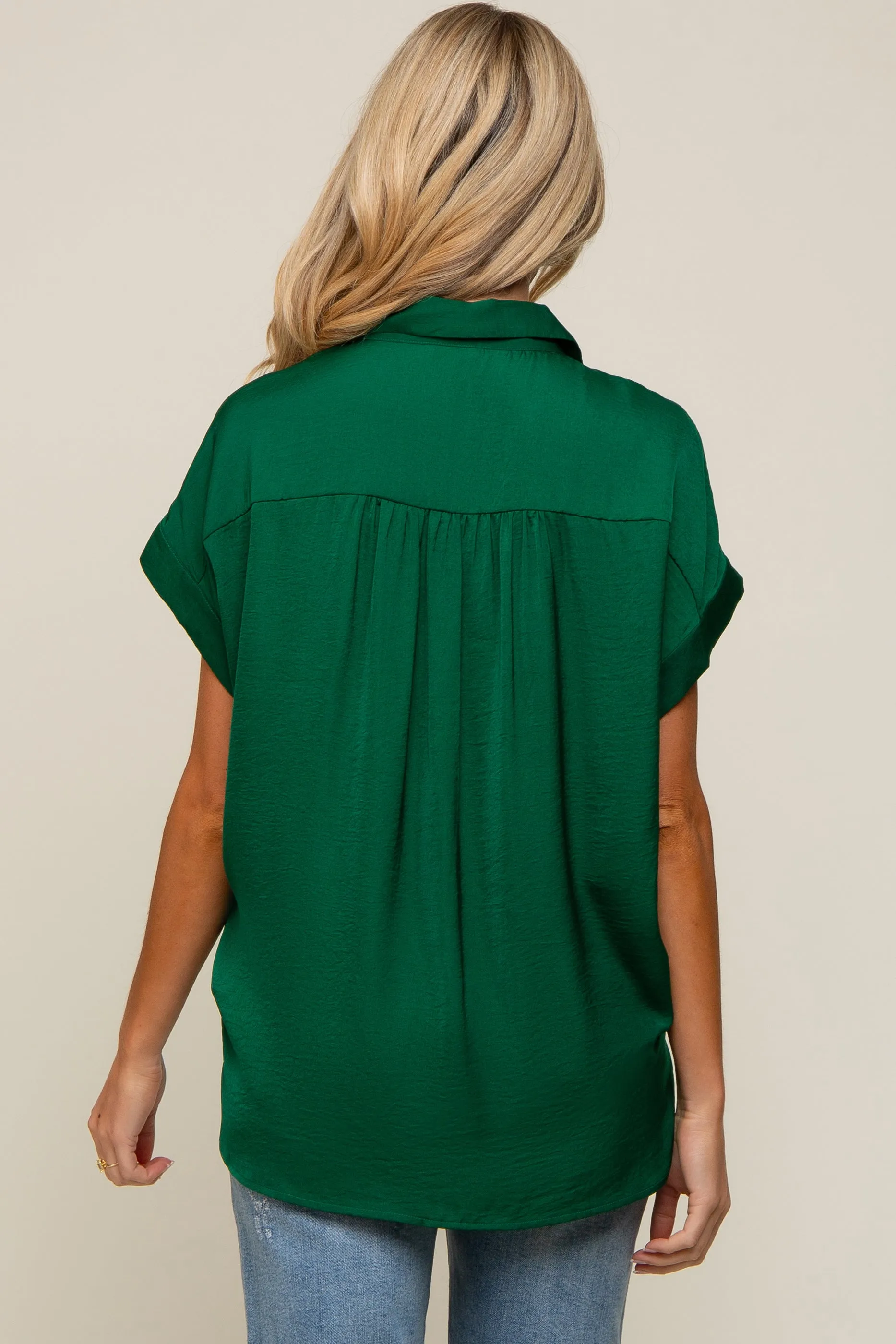 Forest Green Satin Button Front Collared Short Sleeve Maternity Top sold by Pinkblush product image thumbnail 3