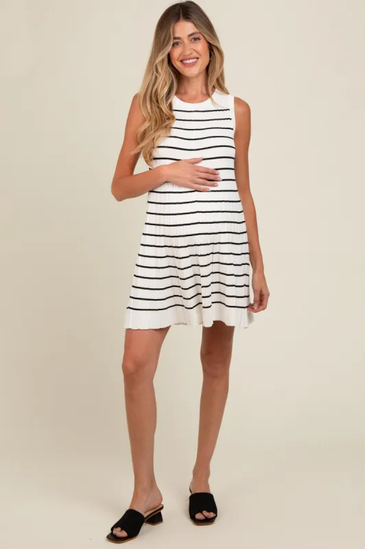 Ivory Striped Knit Pleated Maternity A-Line Mini Dress sold by Pinkblush