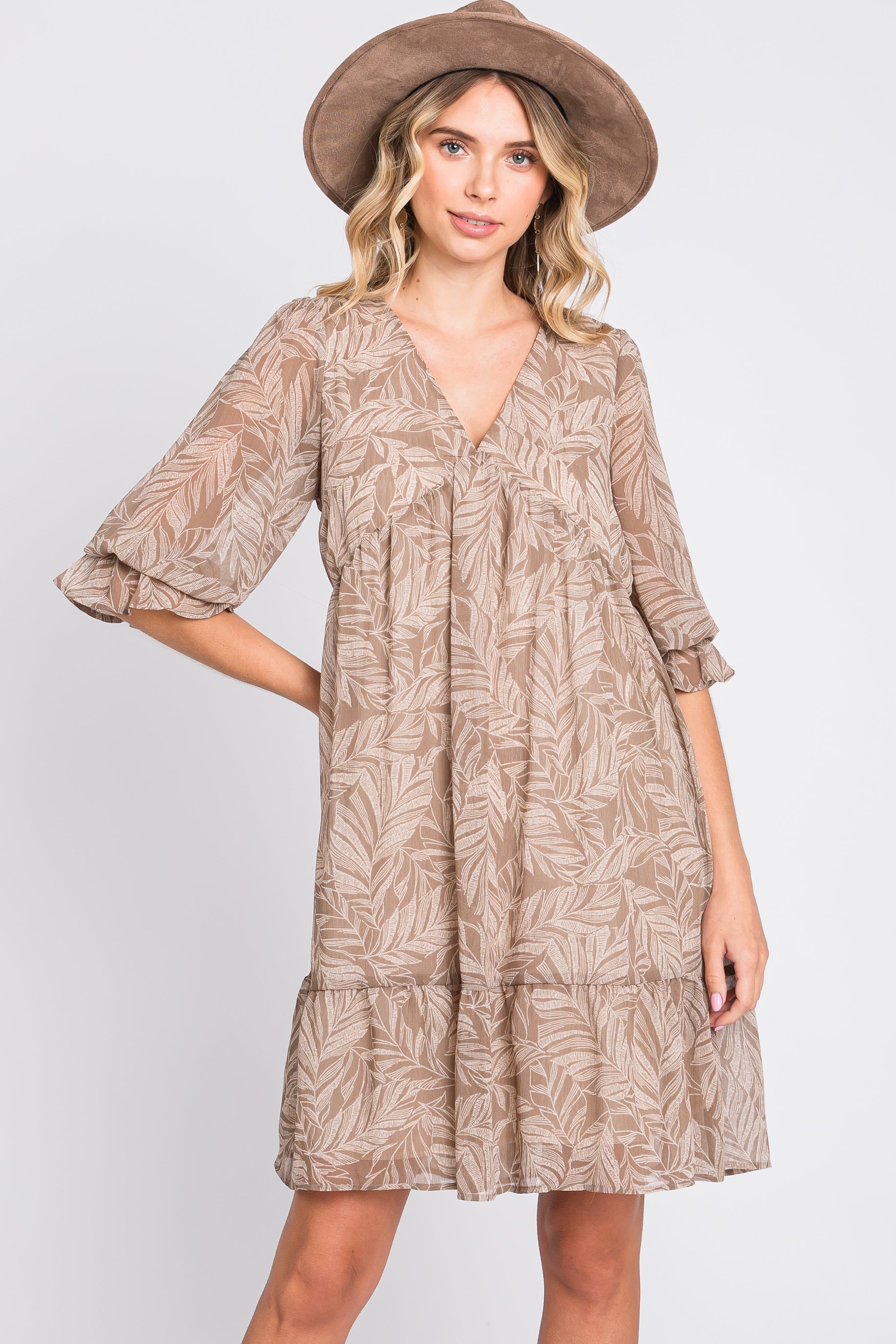 Mocha Leaf Print Chiffon 3/4 Sleeve Dress sold by Pinkblush product image thumbnail 5