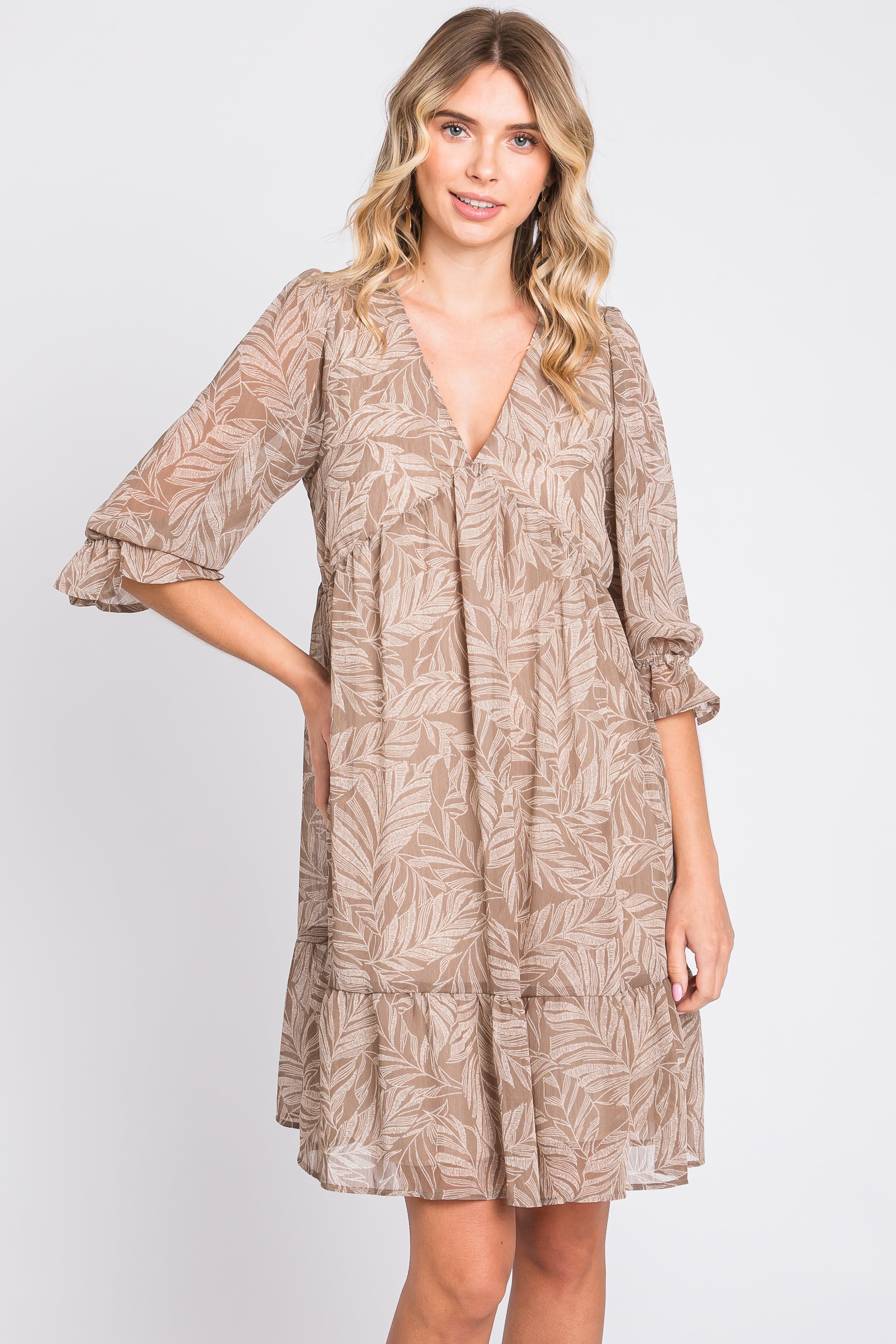 Mocha Leaf Print Chiffon 3/4 Sleeve Dress sold by Pinkblush product image thumbnail 2