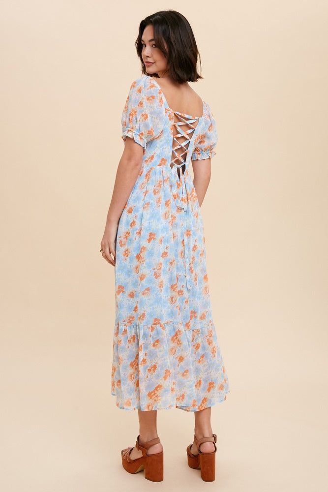 Blue Floral Midi Dress With Corset Lace Up Back sold by Pinkblush product image thumbnail 3